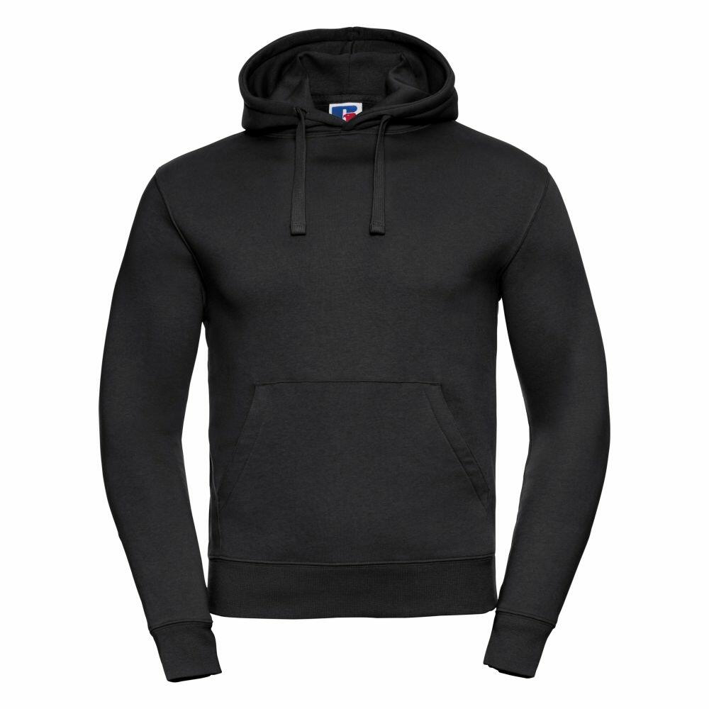 A Russell J265M plain black hoodie featuring a front pocket and a drawstring hood.