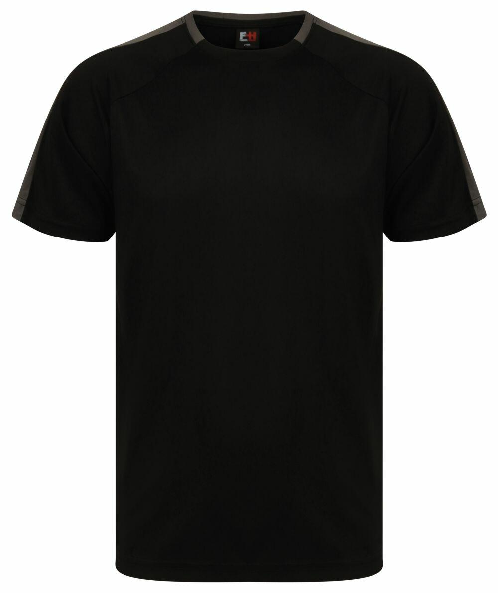 The LV290 by Finden & Hales is a plain black T-shirt featuring dark gray accents on the collar and sleeve edges, displayed against a white background.