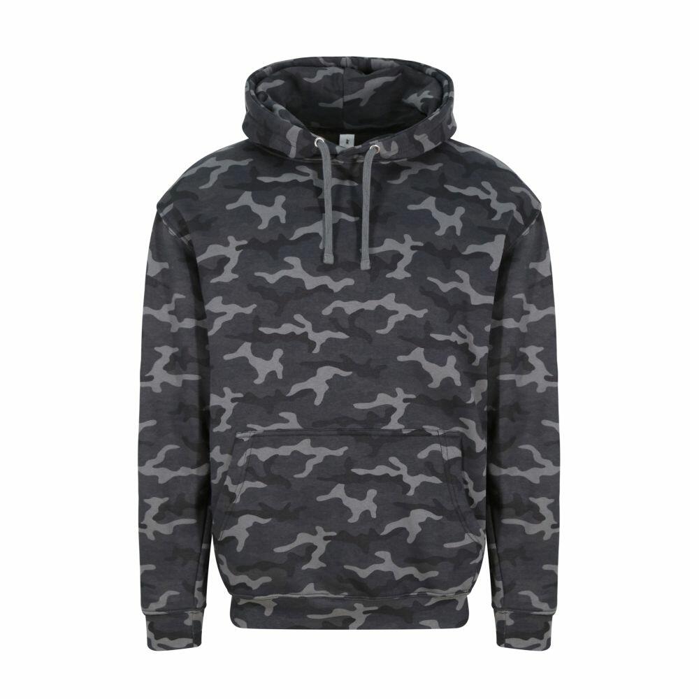 An AWDis Just Hoods JH014 hoodie in a gray camouflage pattern, featuring long sleeves and a front pocket, set against a white background.