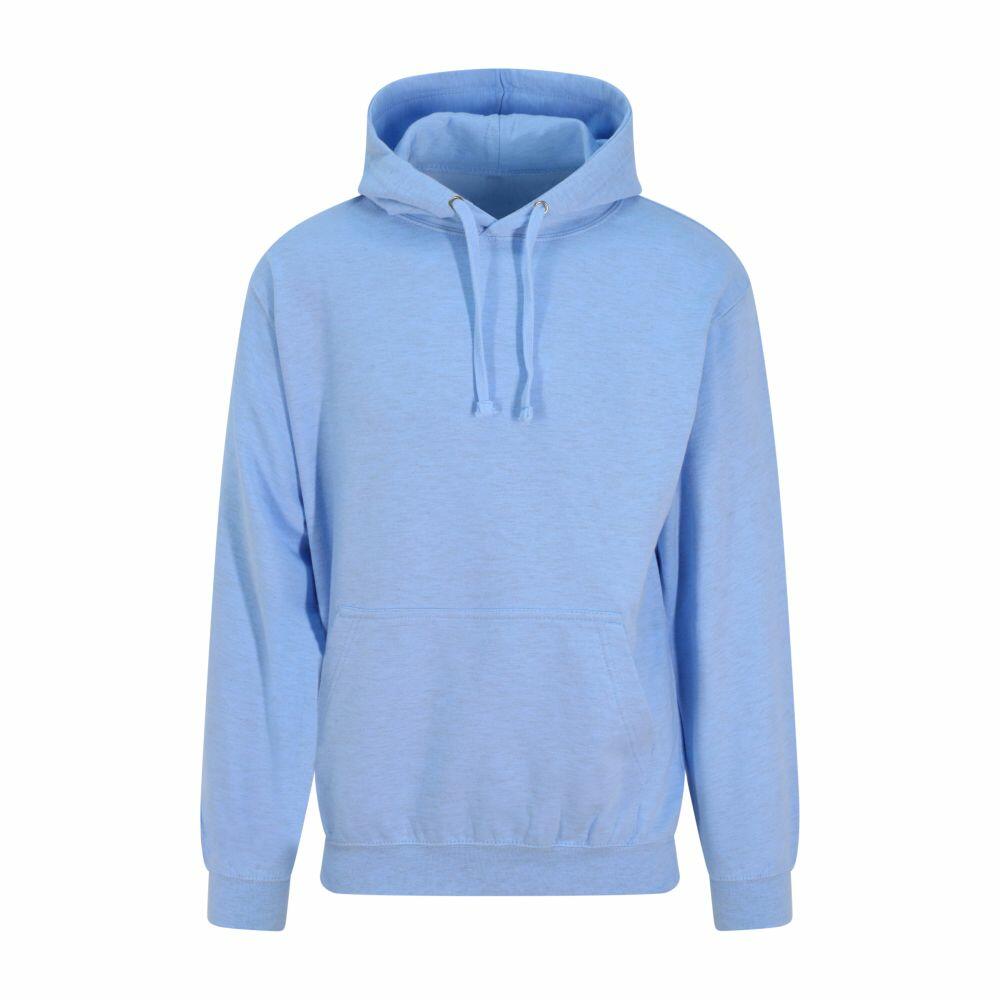 The AWDis Just Hoods JH017, a light blue hoodie featuring a front pocket and drawstring hood, is showcased against a white background.