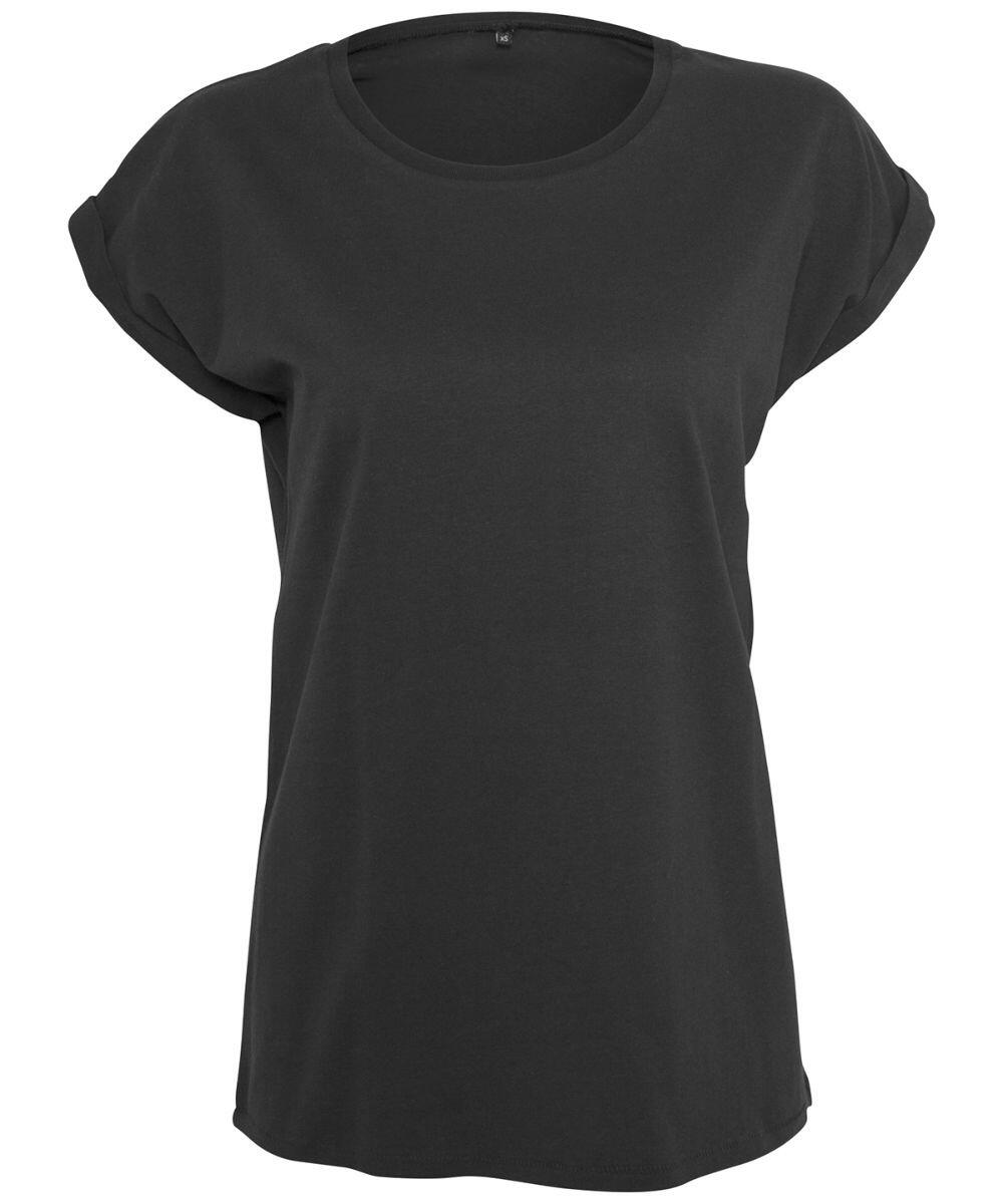 BY092 by Build Your Brand: A plain black short-sleeved T-shirt featuring a round neckline and rolled-up sleeves.