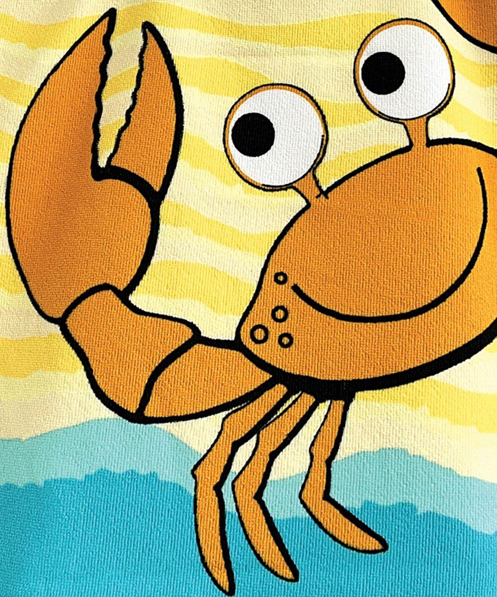 A playful depiction of a cartoon crab featuring a prominent claw and expressive eyes set against a striped yellow and blue backdrop, from Home & Living's HL007 collection.