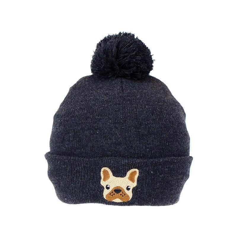 Charcoal fleece lined ladies bobble hat dog design