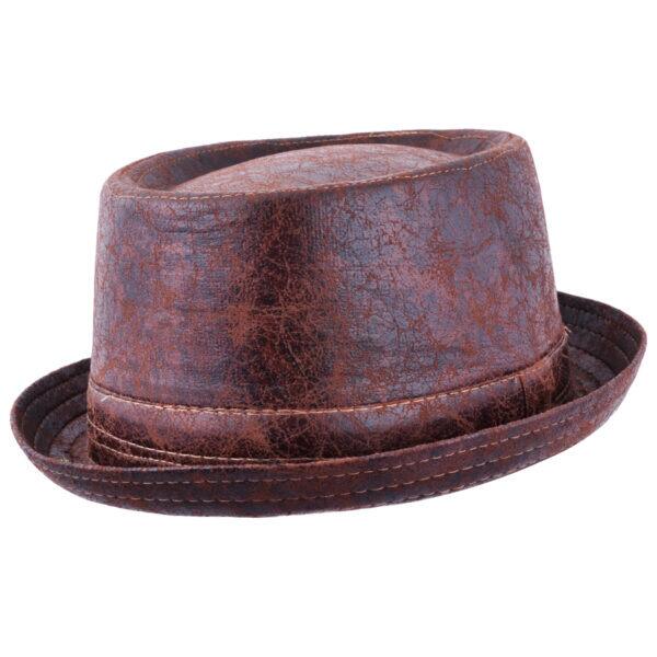 Maz Distressed Cracked Leather Look Pork Pie Hat Brown | It's My Hat