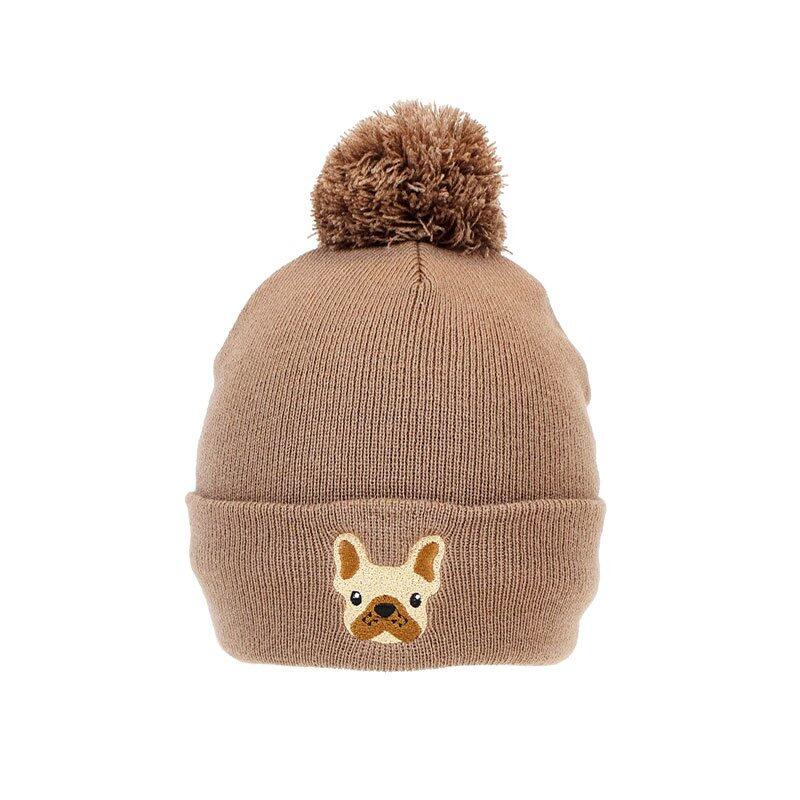 Ladies bobble hat French Bulldog print taupe