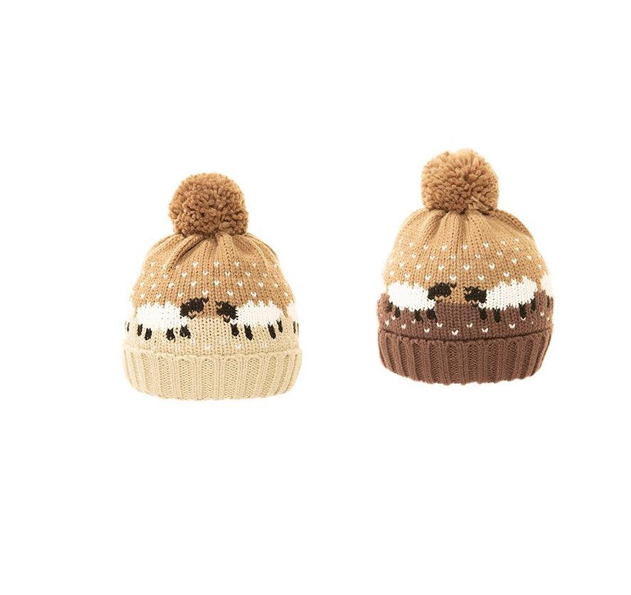 Ladies Natural Bobble Hat with Sheep Print – Warm Winter Hat