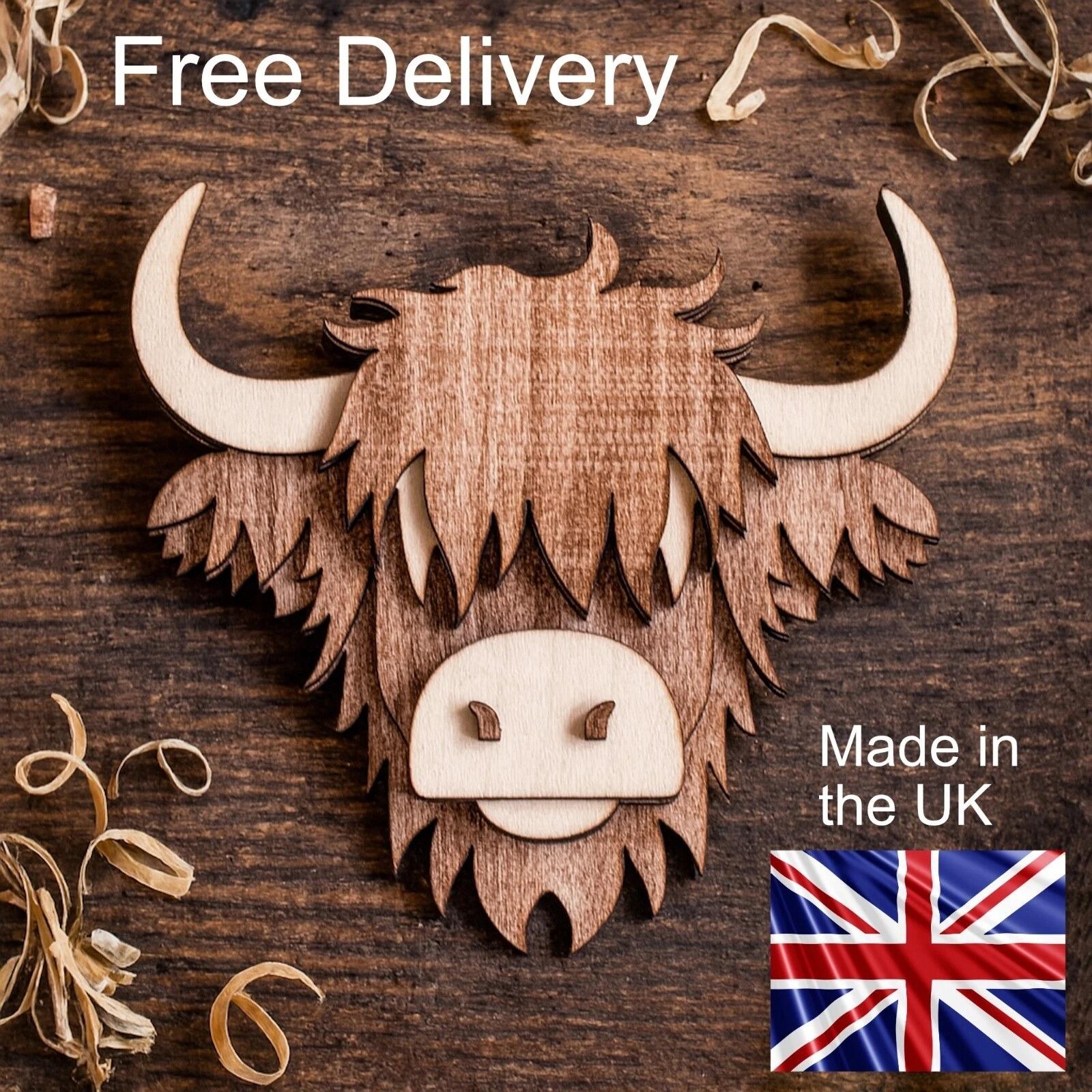 Handmade Scottish Highland Cow Wooden Fridge Magnet front view