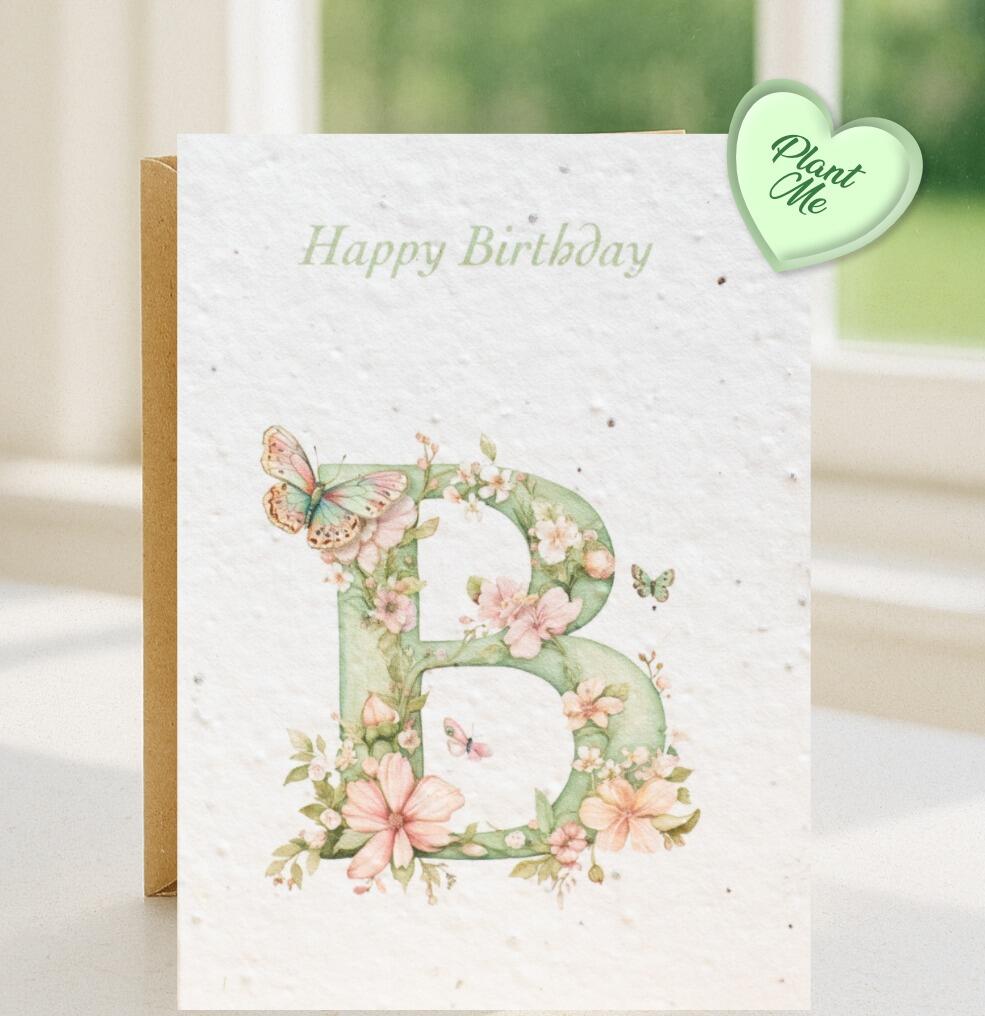 Large initial plantable birthday card with plantable sticker on