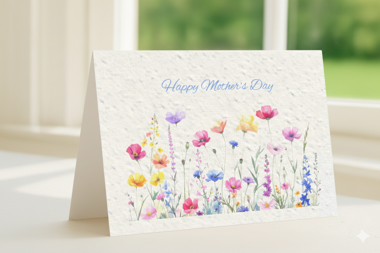 Wildflower seeded plantable Mother's Day card, with happy Mother's Day printed across the top and the card is filled with a bright and colourful dsiplay of wildflowers shown open