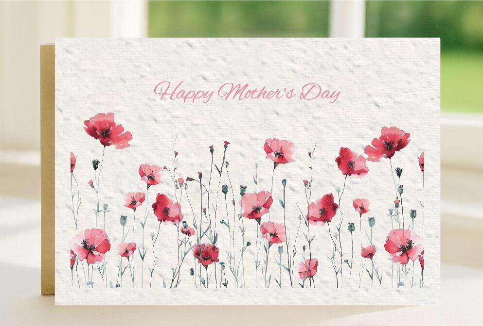 Poppy Design, seeded plantable Mother's Day Card, with a unique picture of brightly coloured poppies