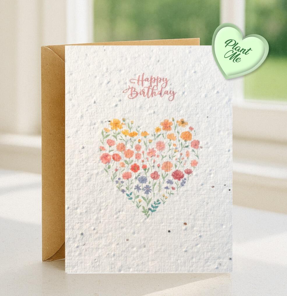 Plantable seeded card with heart shaped bunch of colourful flowers