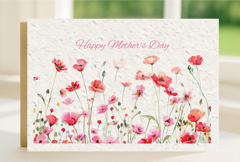 Poppy design seeded plantable Mother's Day Card, with a unique picture of brightly coloured poppies