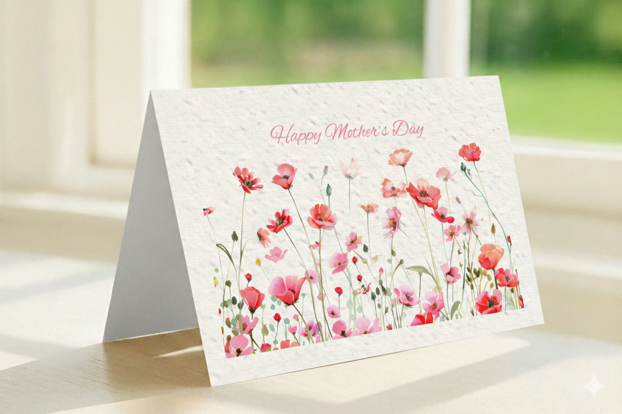 Poppy design seeded plantable Mother's Day Card, with a unique picture of brightly coloured poppies shown open