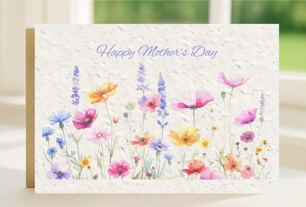 Wildflower seeded plantable Mother's Day Card, with a unique picture of brightly coloured wildflowers