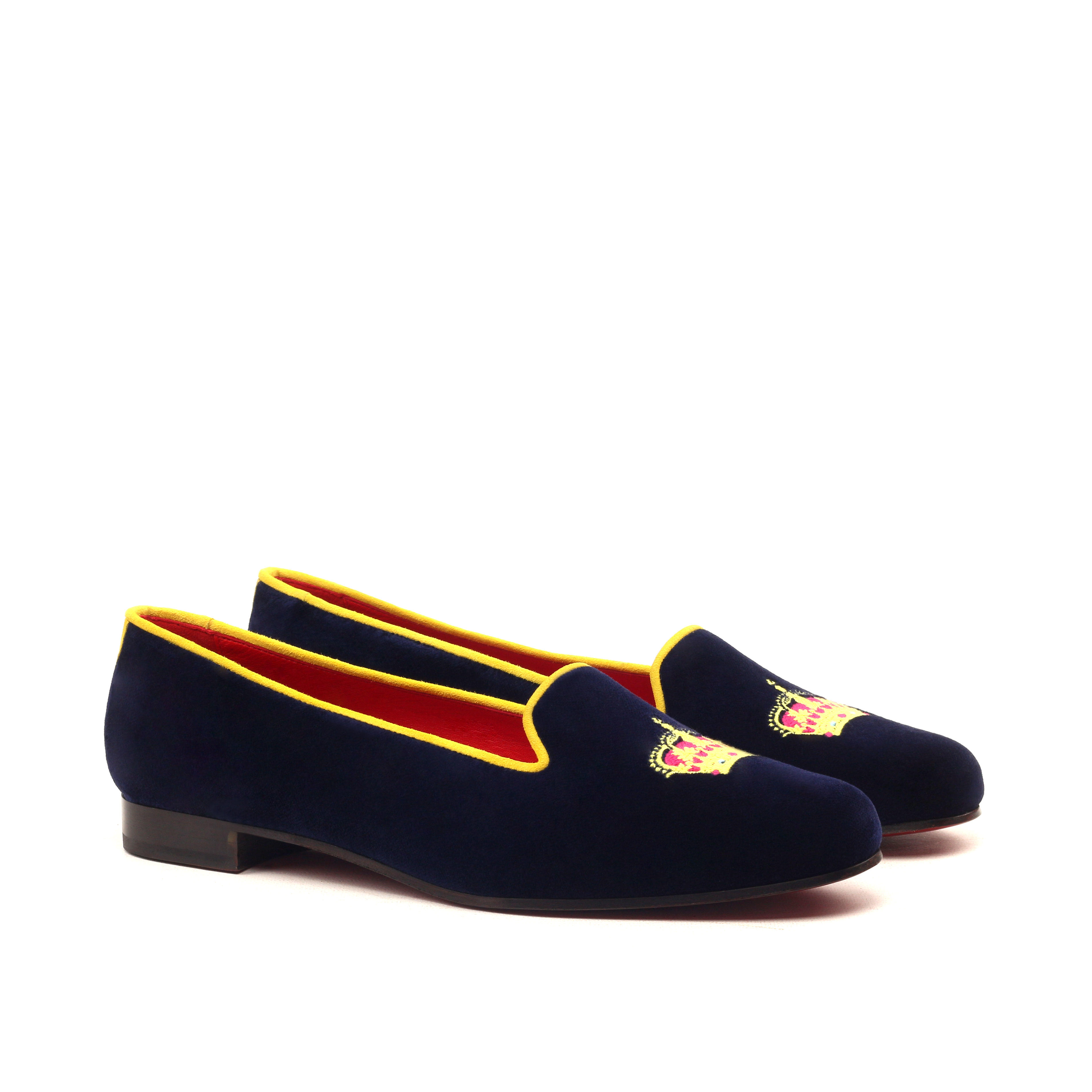 PRINCESS Womens Navy Suede Leather Slip On Gold Embroidery Luxury Custom Initials Slippers Front Side View