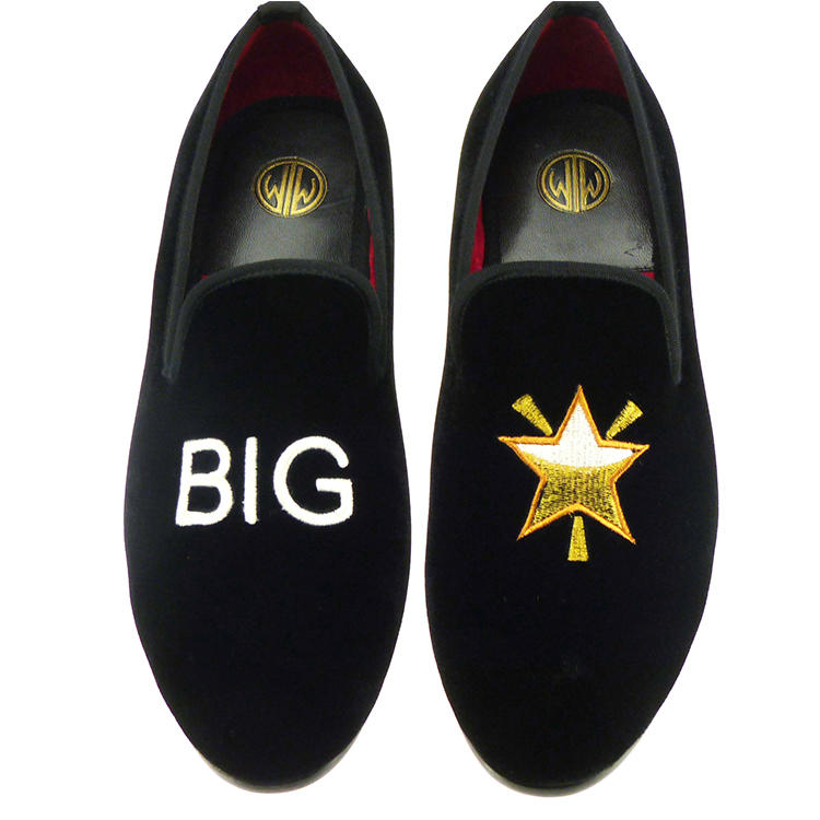 Manor of London BIG STAR Black Velvet Leather Slip On Embroidery Luxury Custom Initials Slippers Top View