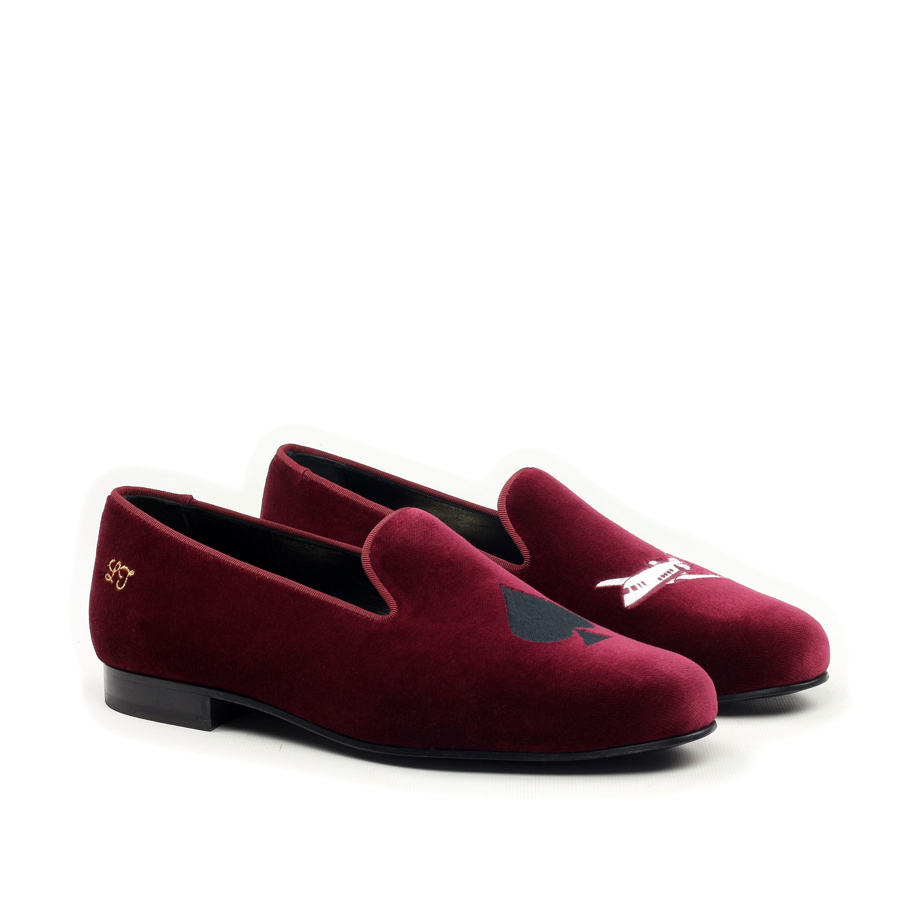 'HIGH LIFE' Burgundy Velvet Luxury Mens Slip On Loafers Initials Monogram Slippers Front Side View