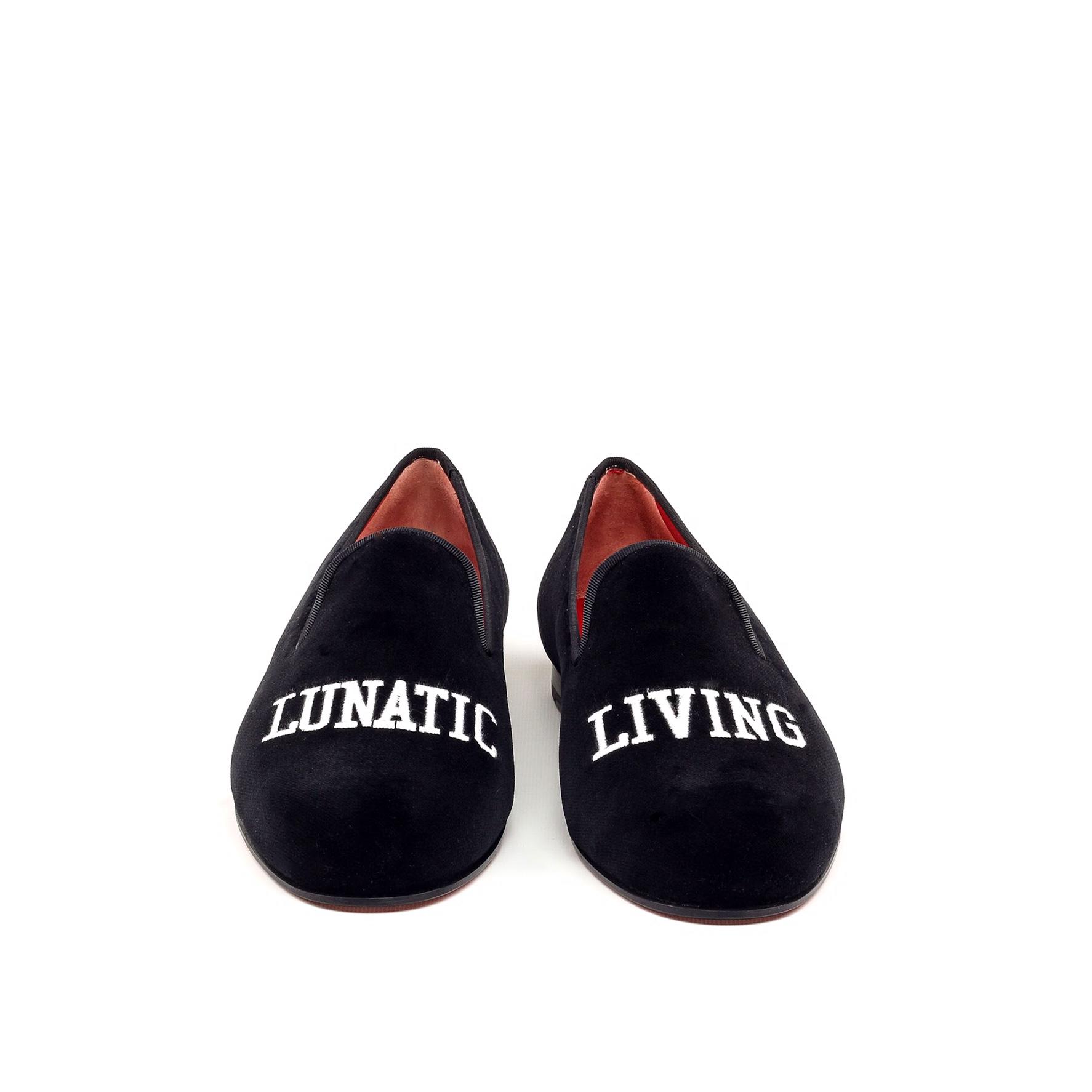 Manor of London 'LUNATIC LIVING' Black Velvet Leather Luxury Slip On ...