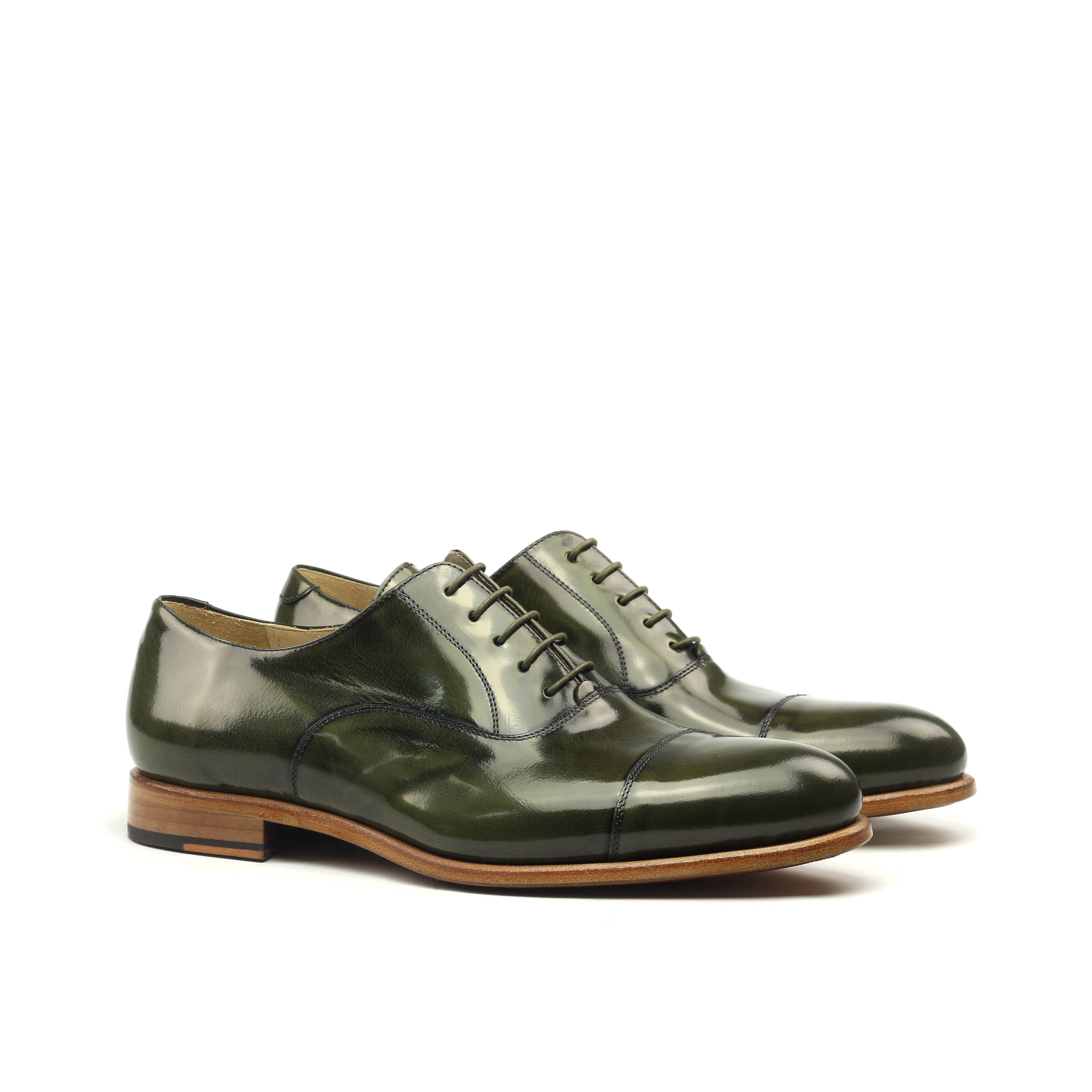 MANOR OF LONDON 'The Oxford' Polished Green Calfskin Shoe Luxury Custom Initials Monogrammed Front Side View
