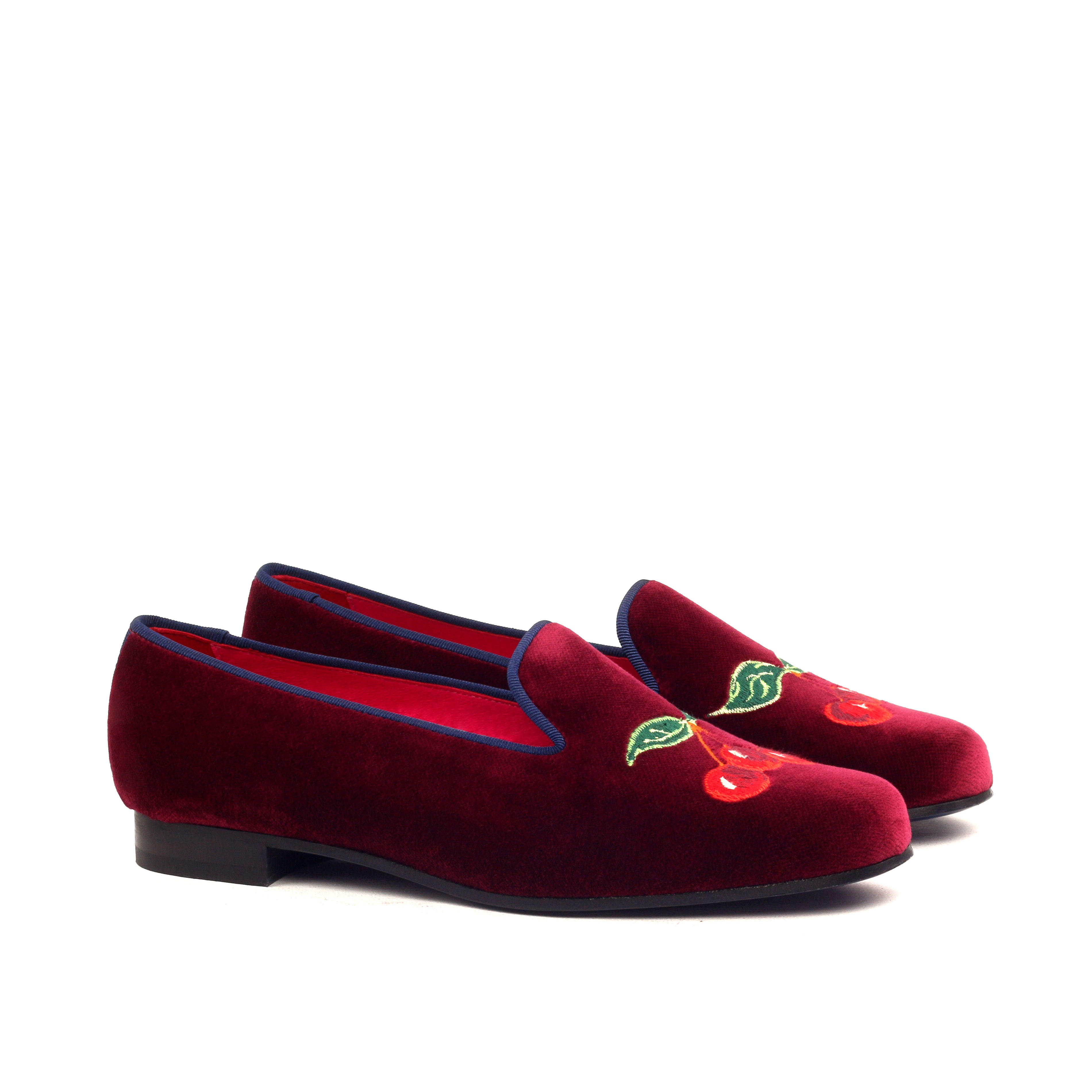 Manor of London CHERRY BOMB Womens Red Velvet Leather Slip On Gold Embroidery Luxury Custom Initials Slippers Front Side View