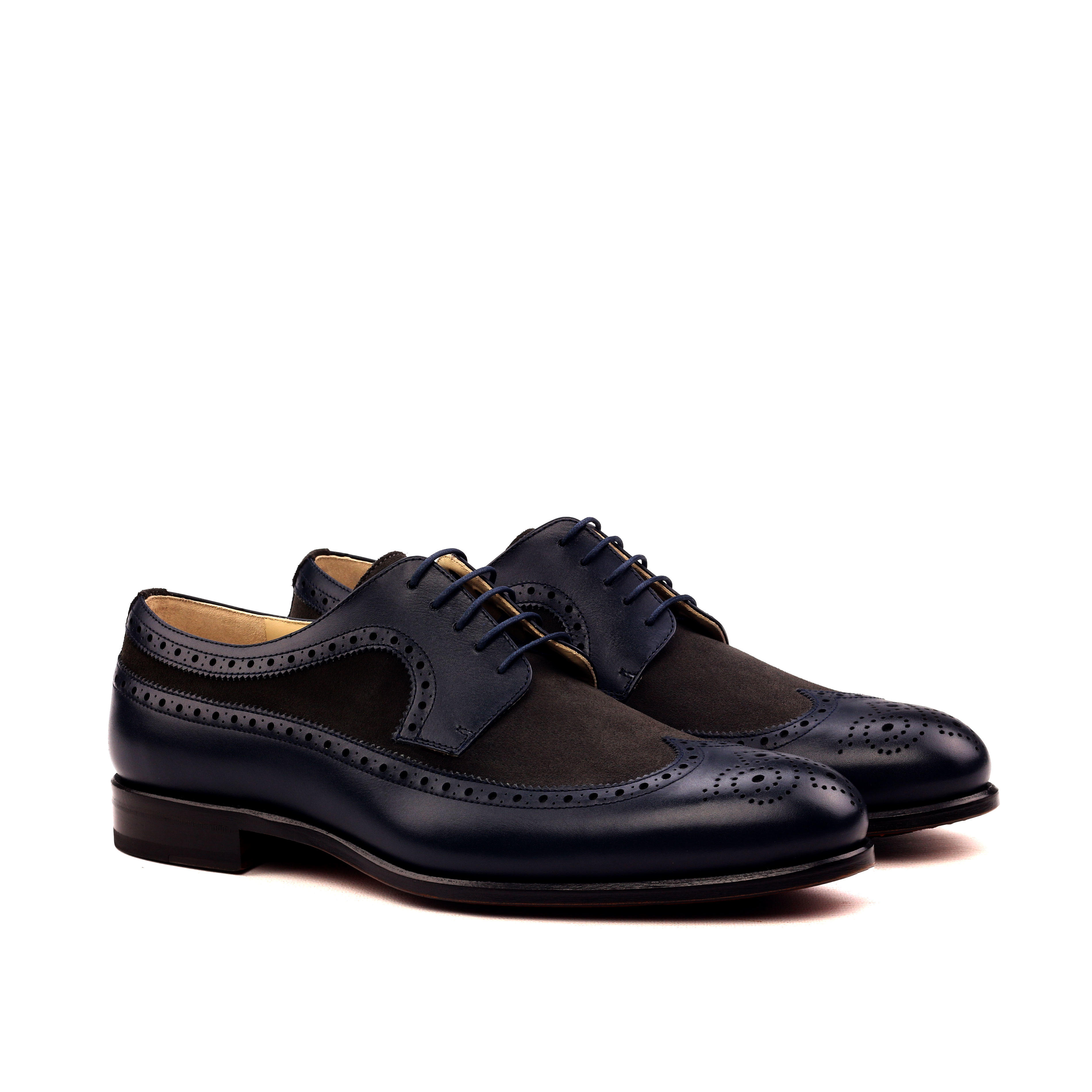 Manor of London 'The Blucher' Navy Calfskin & Grey Suede Shoe Luxury Lace Up Custom Initials Front Side View