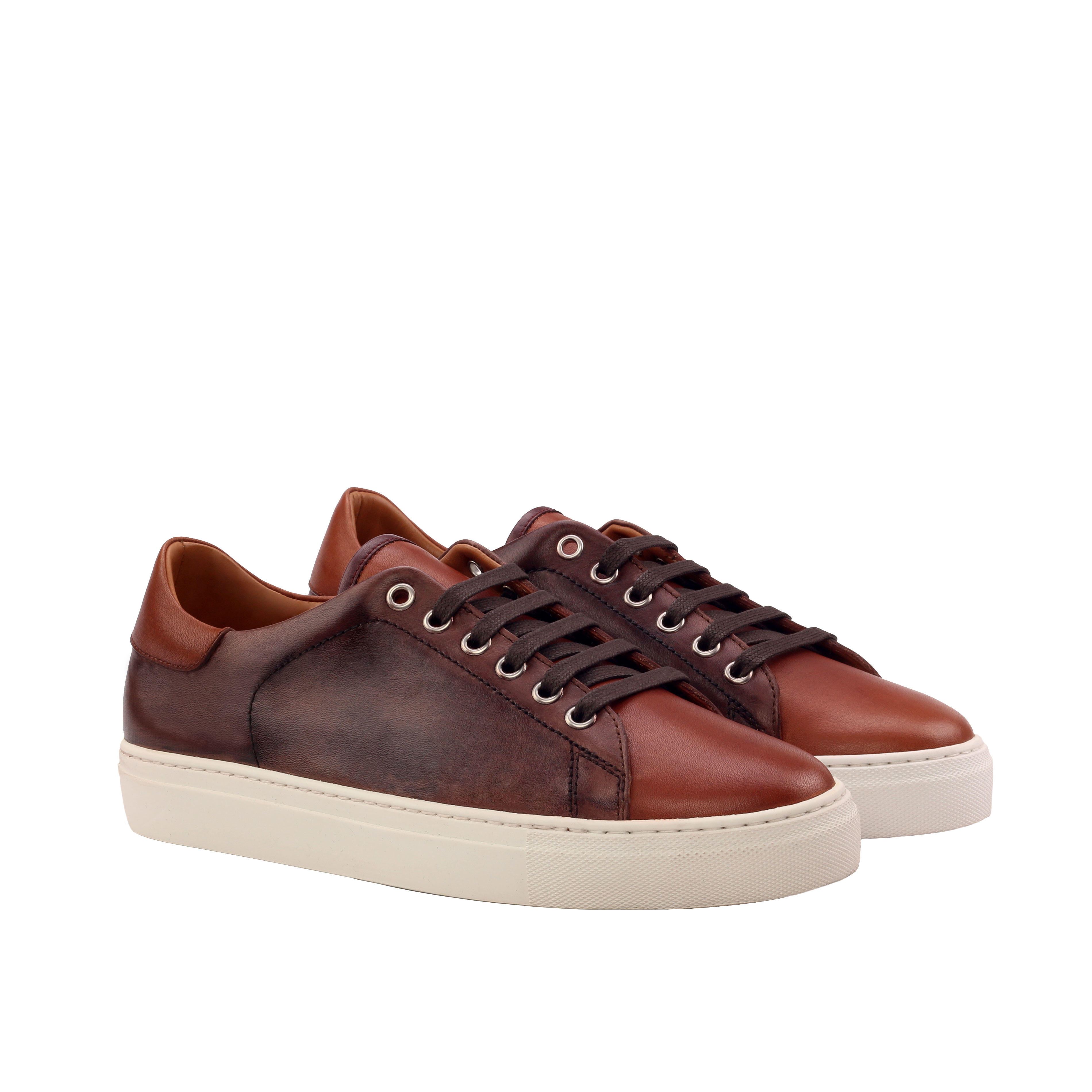 MANOR OF LONDON'The Perry' Painted Cognac & Brown Calfskin Tennis Trainer Luxury Custom Initials Monogrammed Front Side View