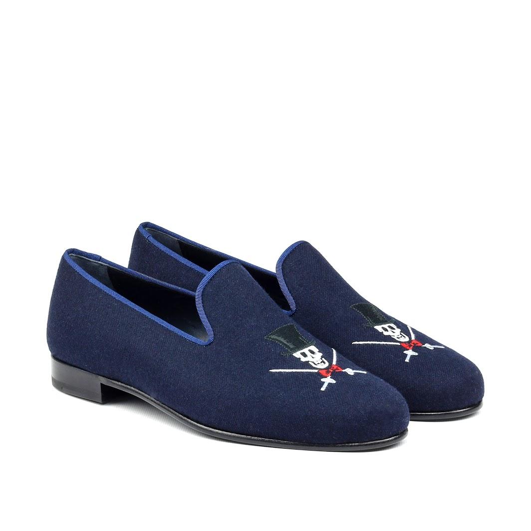 Manor of London 'The Duke of Death' Navy Flannel Slippers Luxury Custom Initials Monogrammed Front Side View