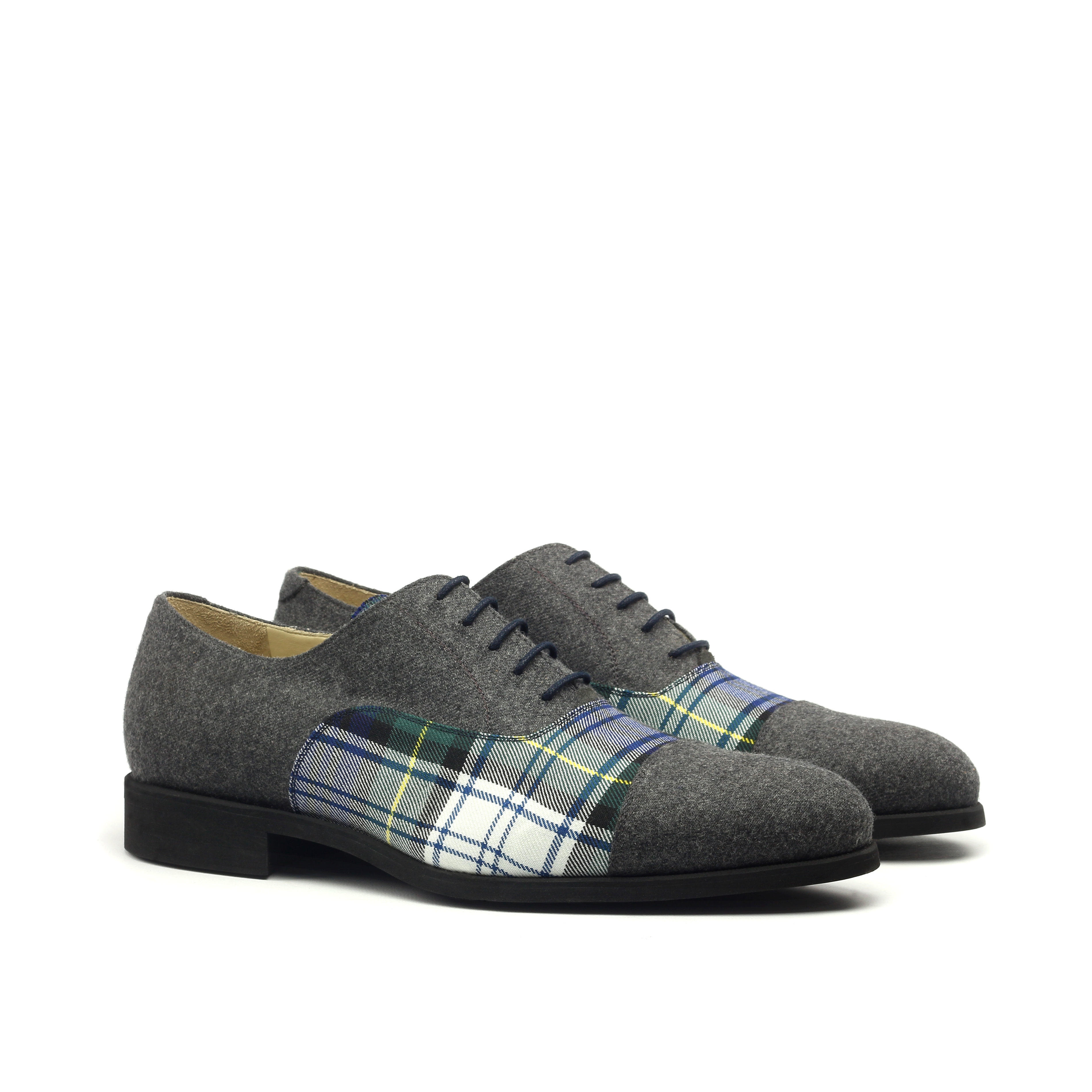 MANOR OF LONDON 'The Oxford' Grey Flannel & Tartan Shoe Luxury Custom Initials Monogrammed Front Side View