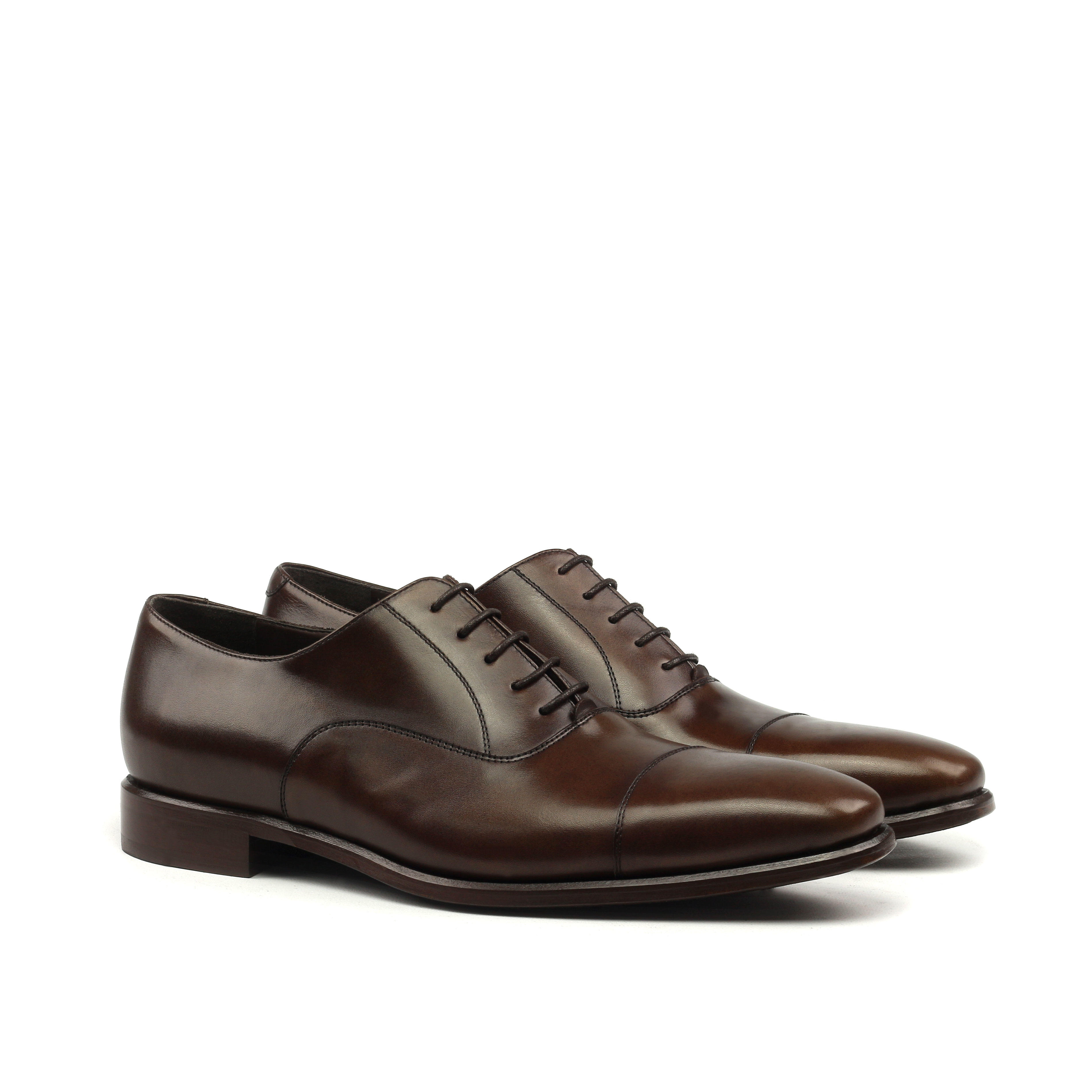 MANOR OF LONDON 'The Oxford' Brown Painted Calfskin Shoe Luxury Custom Initials Monogrammed Front Side View