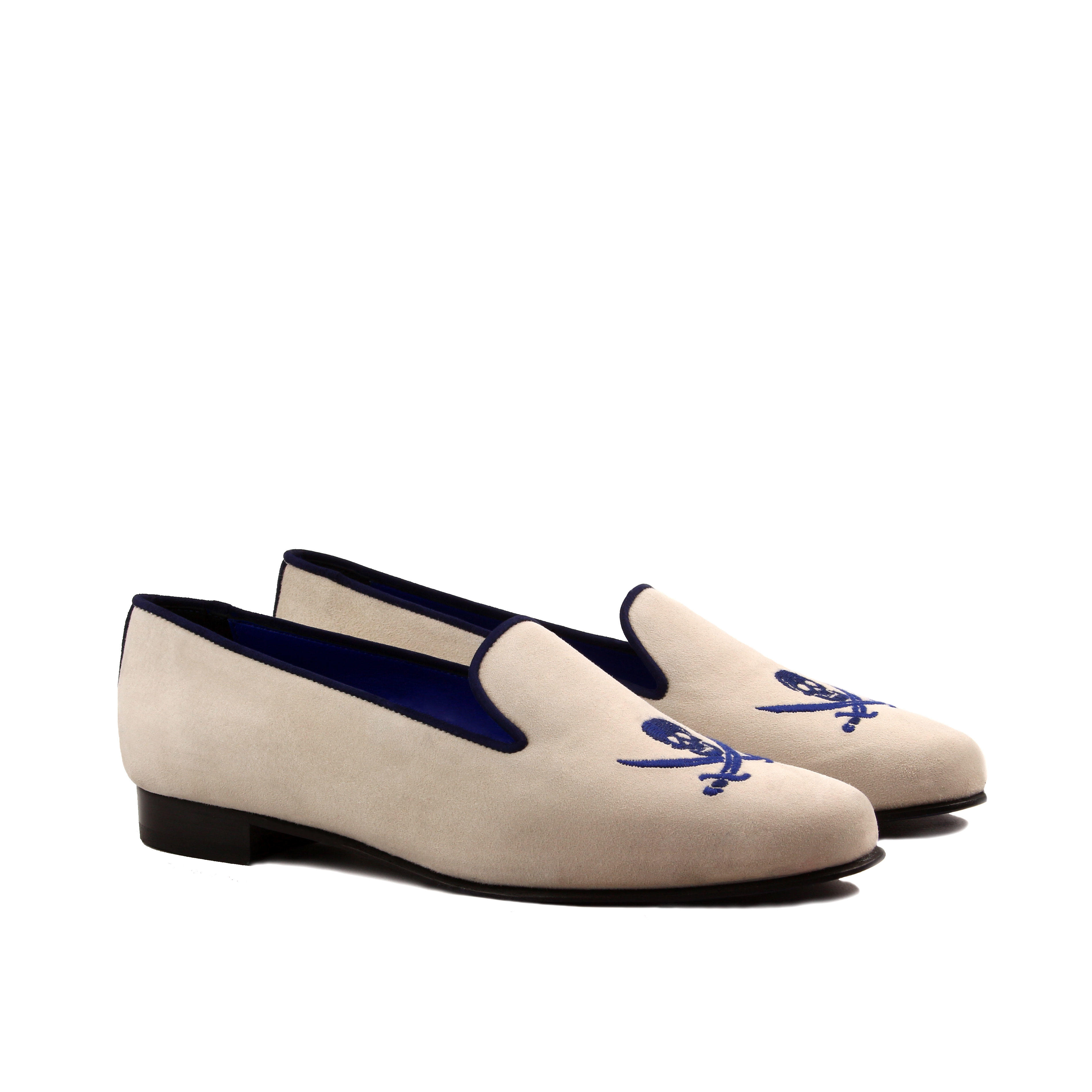 Manor of London 'Jolly Roger' Ivory Navy Womens Linen Leather Luxury Slip On Slippers Front Side View