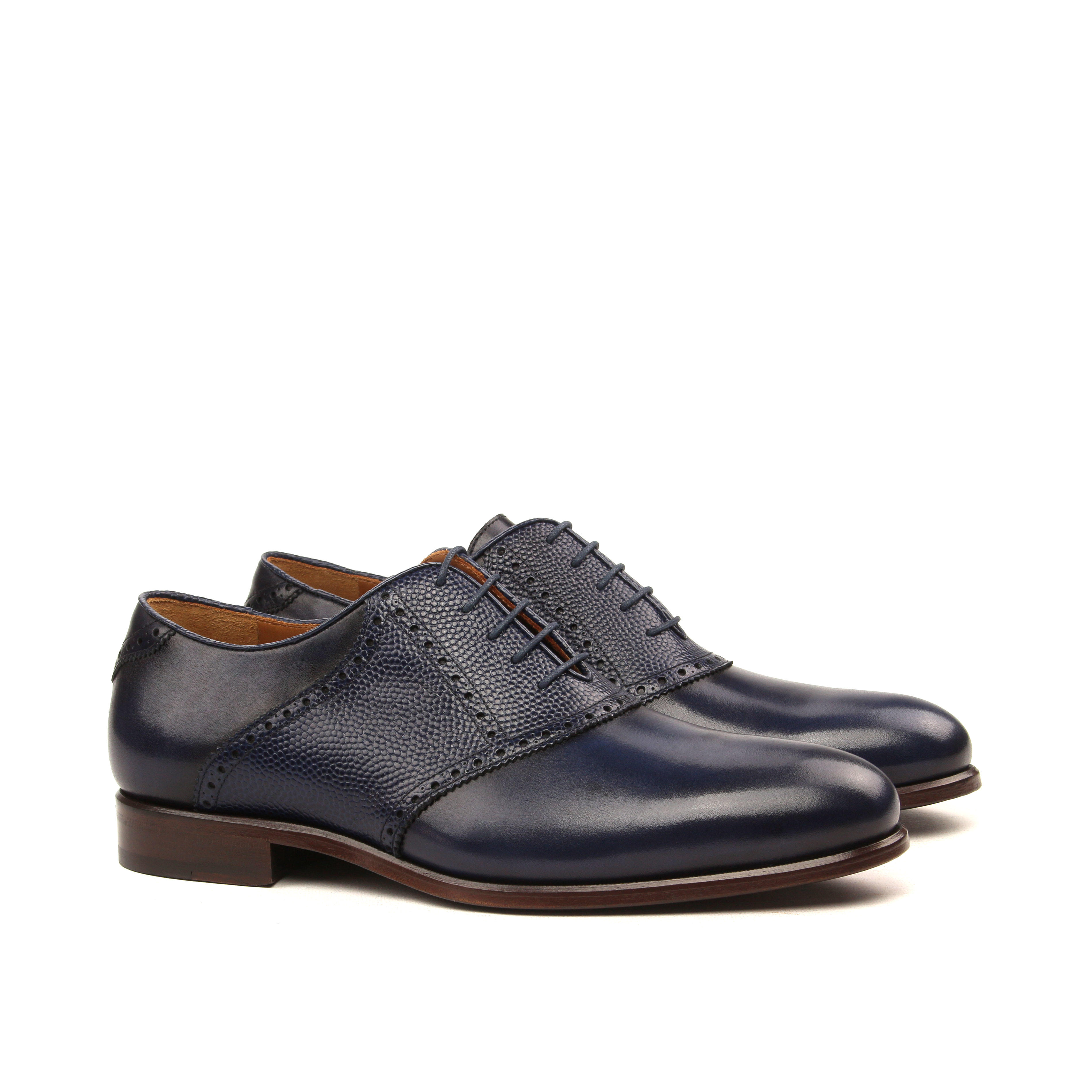 MANOR OF LONDON 'The Saddle' Navy Painted Calfskin & Pebble Grain Shoe Luxury Custom Initials Monogrammed Front Side View
