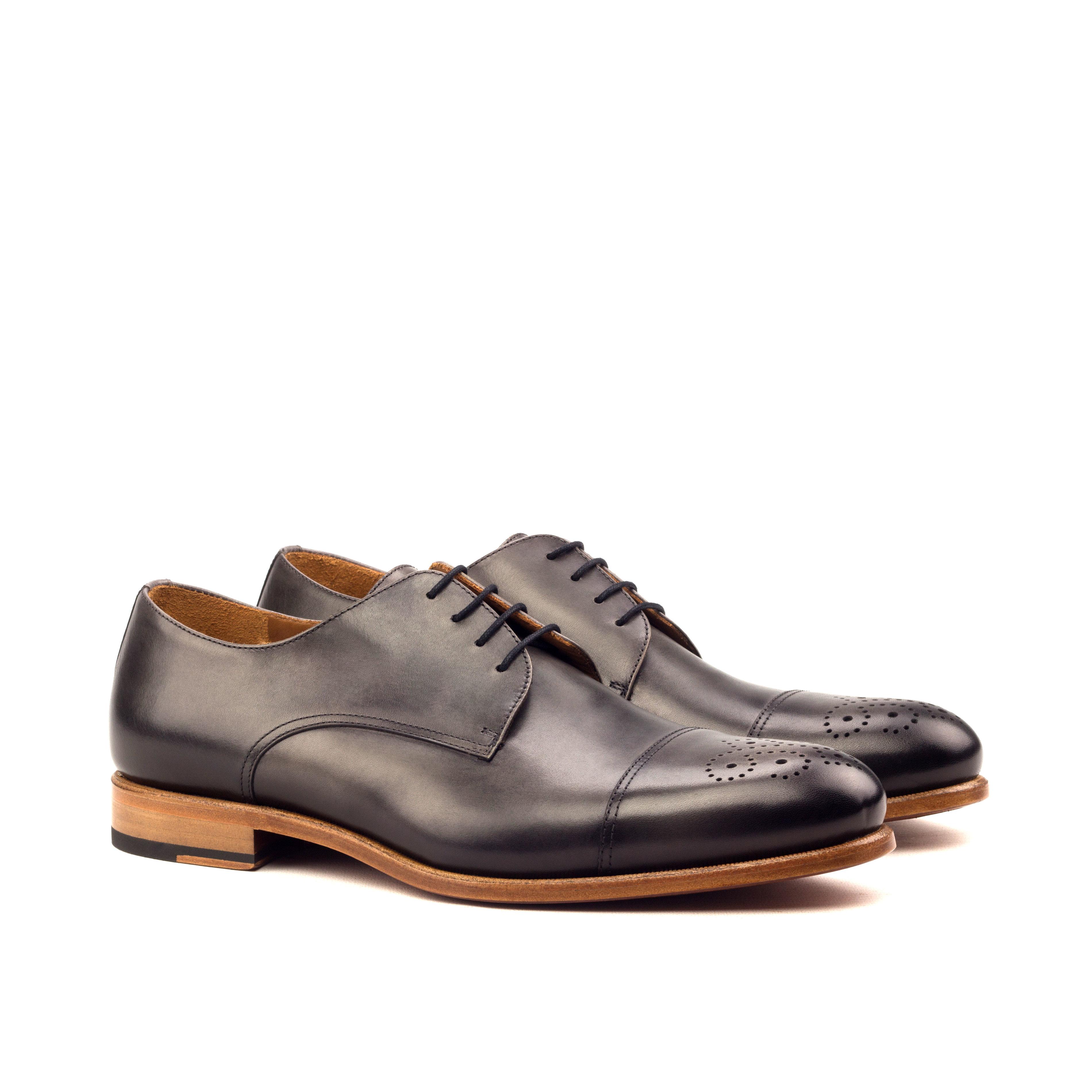Manor of London 'The Derby' Burnished Painted Grey Calfskin Punched Toe Shoe Luxury Custom Initials Monogrammed Front Side View