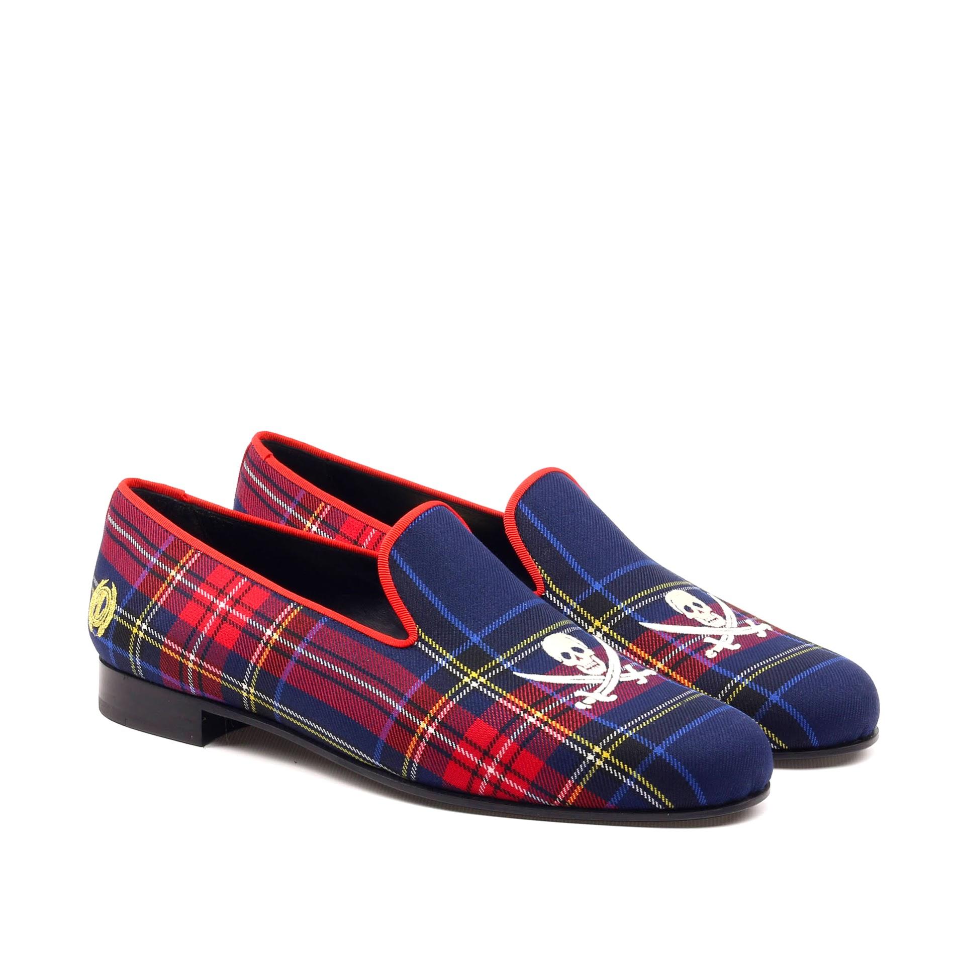 Manor of London 'Jolly Roger' Navy Mens Tartan Leather Luxury Slip On Slippers Front Side View