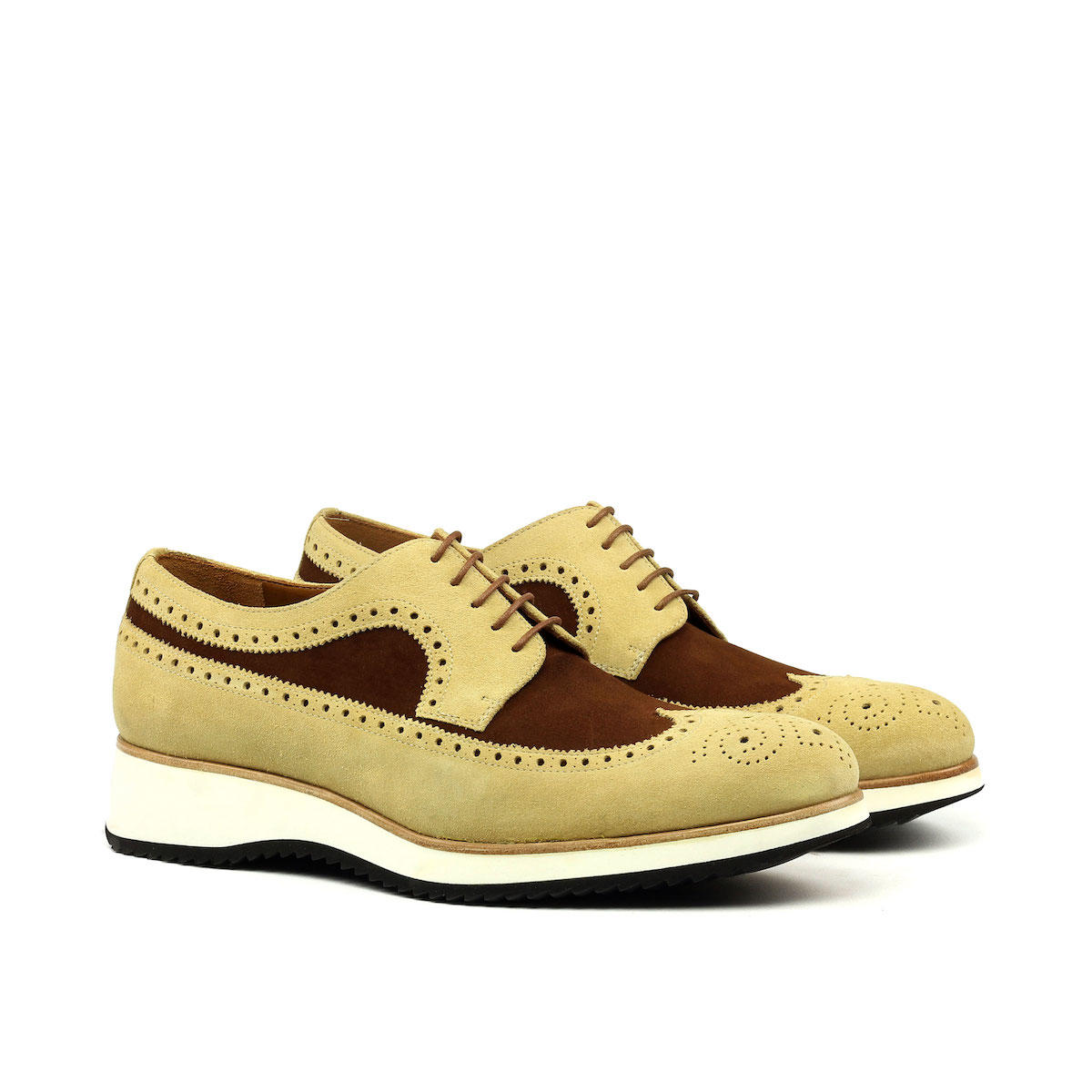 Manor of London 'The Blucher' Sand & Brown Suede Shoe with Running Sole Luxury Lace Up Custom Initials Front Side View