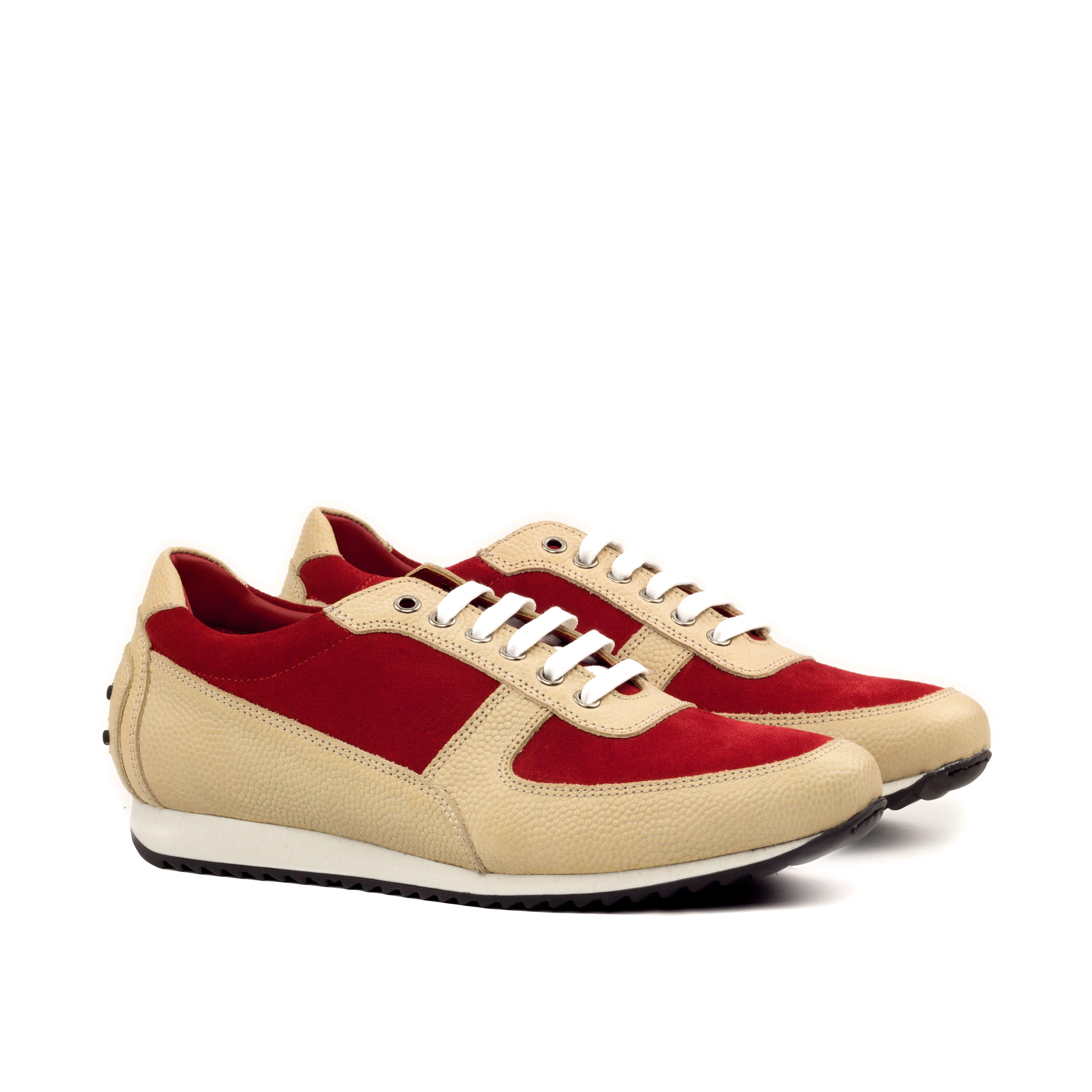 MANOR OF LONDON 'The Runner' Fawn Pebble Grain & Red Suede Trainer Luxury Custom Initials Monogrammed Front Side View
