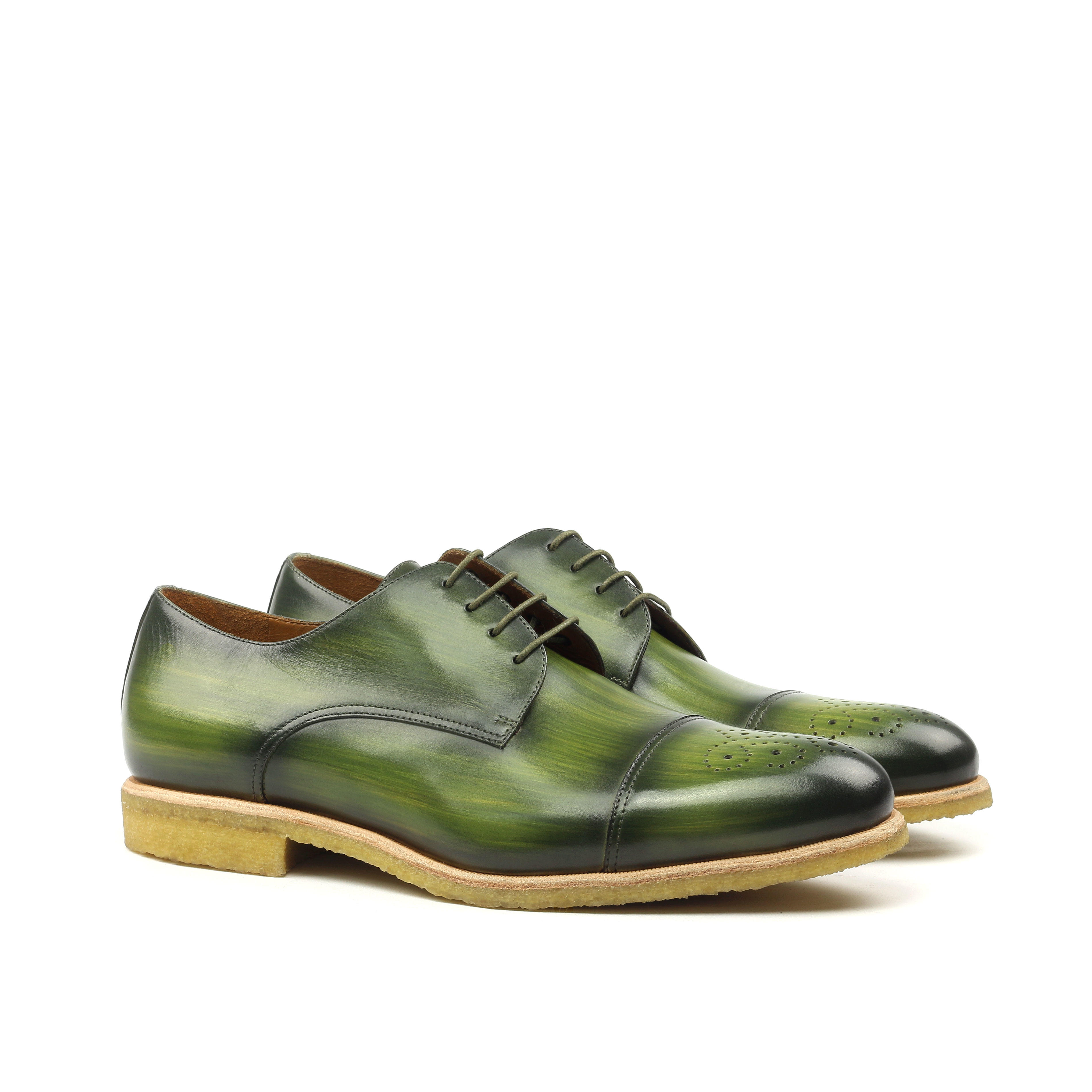 Manor of London 'The Derby'  Khaki Patina Punched Toe Shoe Luxury Custom Initials Monogrammed Front Side View