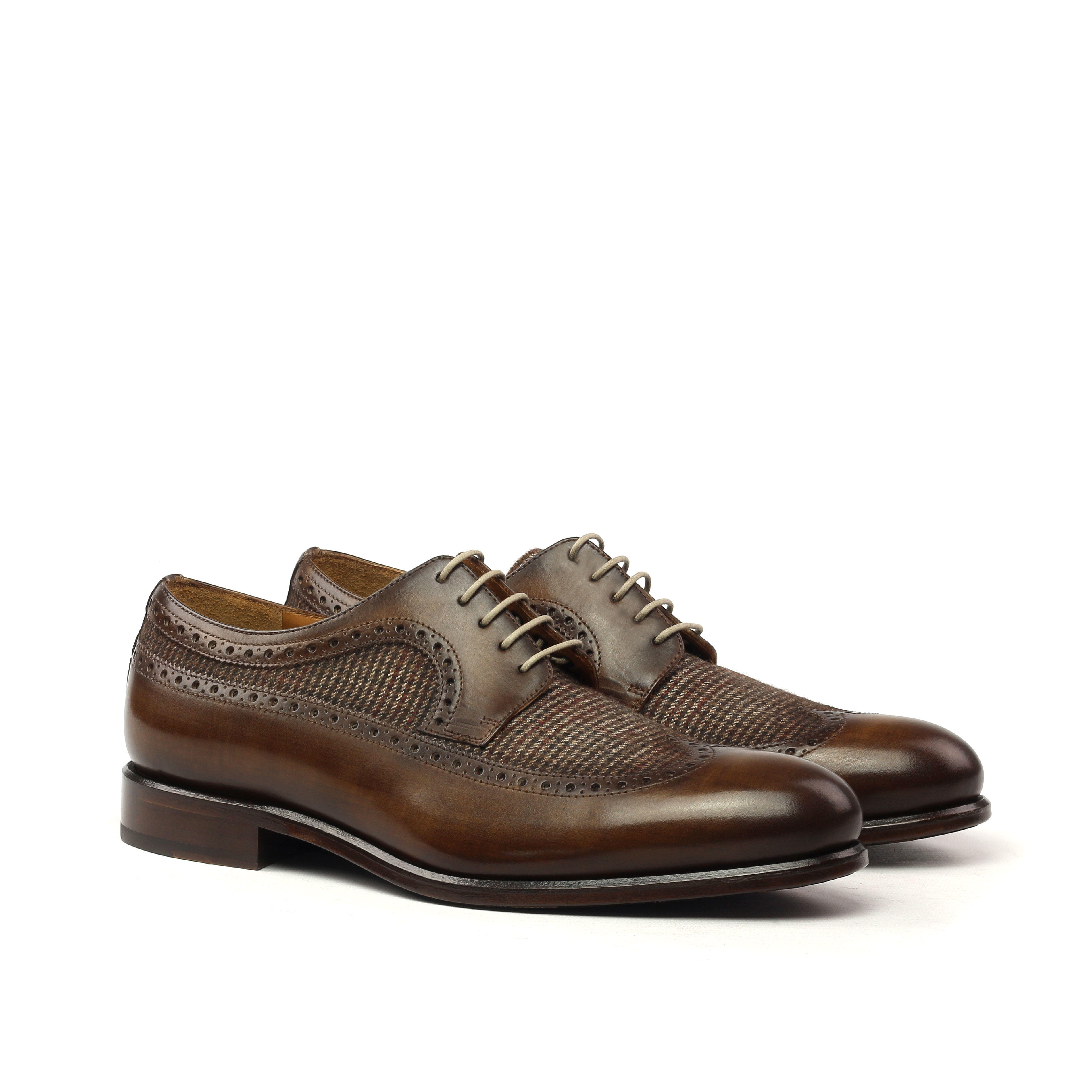 Manor of London 'The Blucher' Brown Patina Calfskin & Tweed Shoe Luxury Lace Up Custom Initials Front Side View