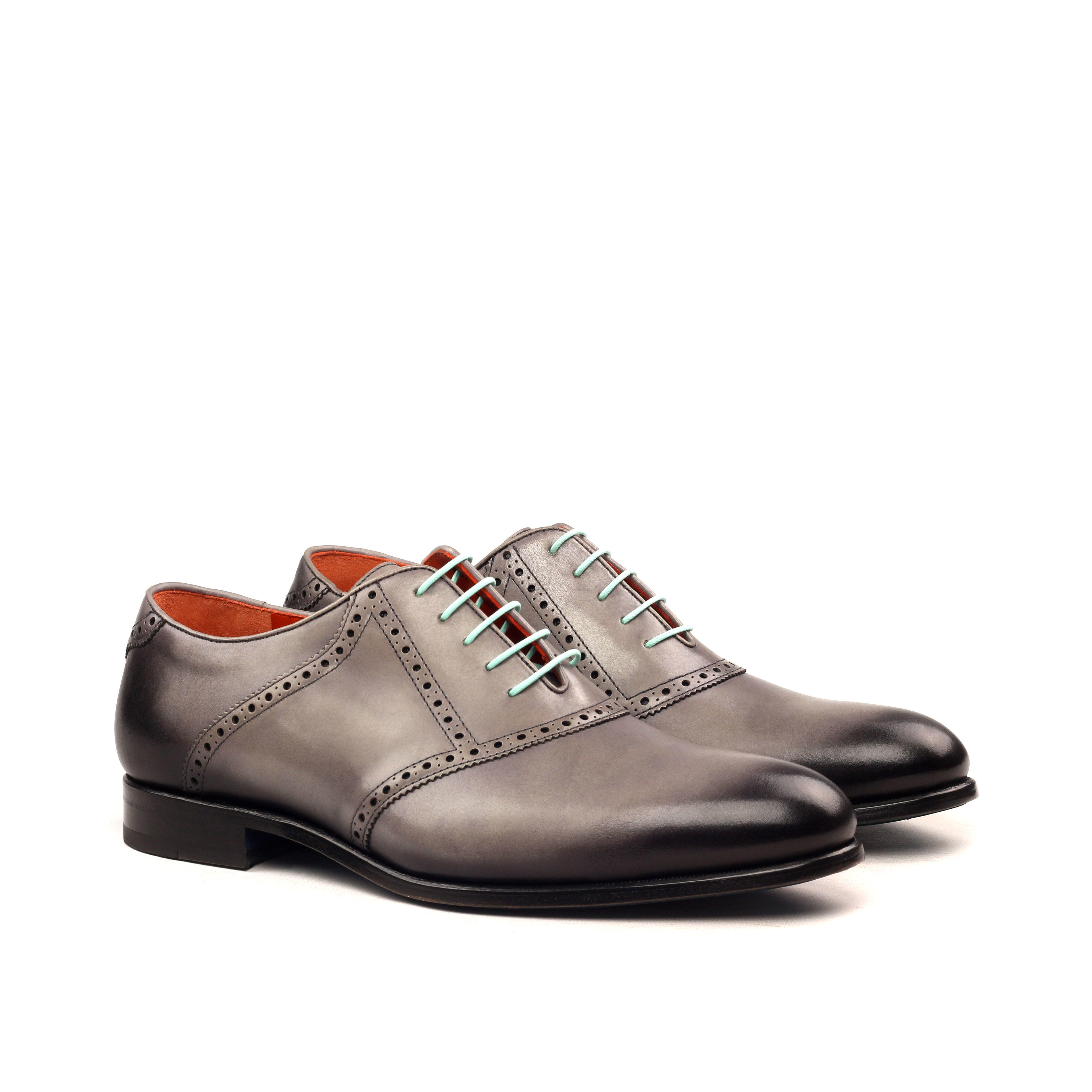 MANOR OF LONDON 'The Saddle' Burnished Painted Grey Calfskin Shoe Luxury Custom Initials Monogrammed Front Side View