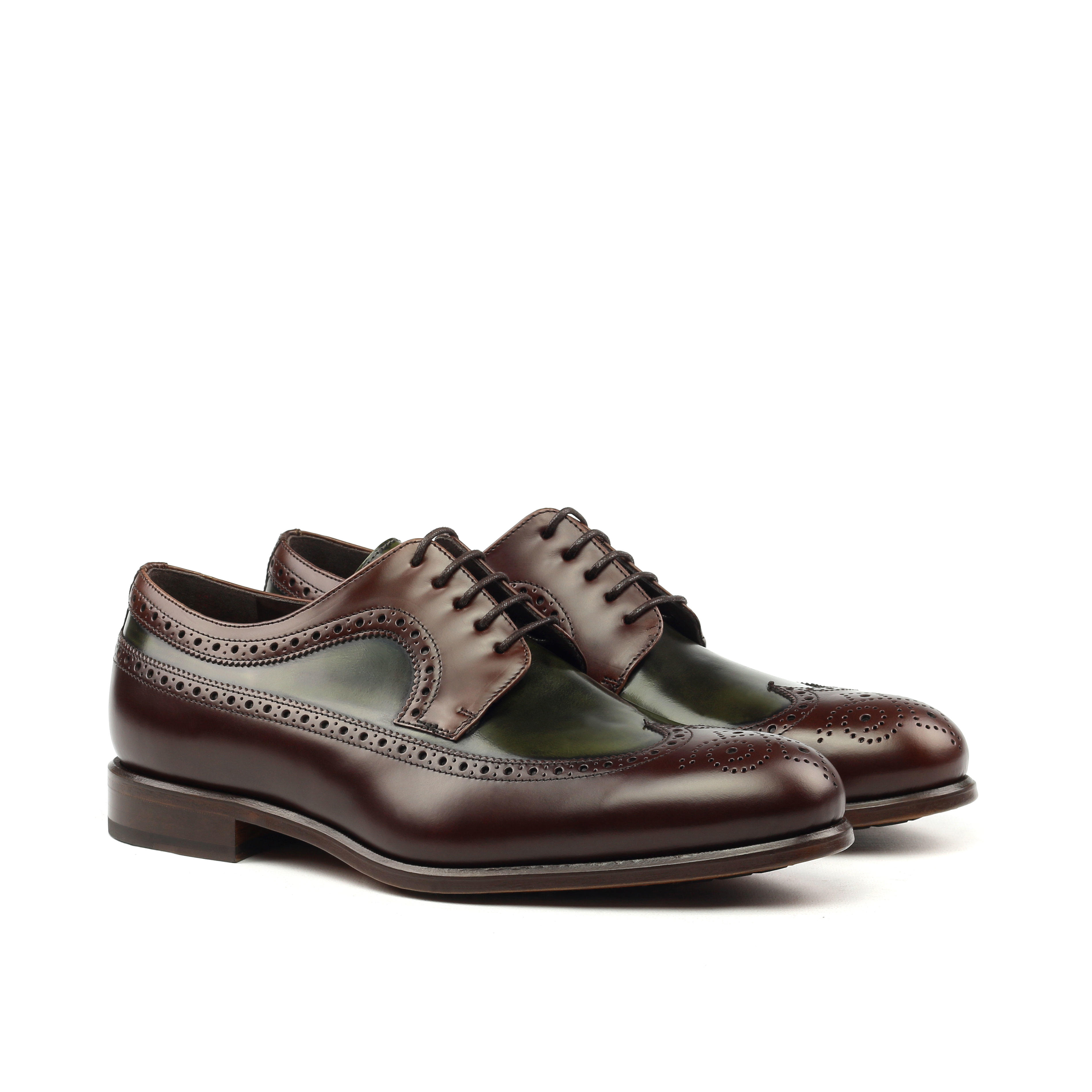 Manor of London 'The Blucher' Oxblood & Green Polished Calfskin Shoe Luxury Lace Up Custom Initials Front Side View