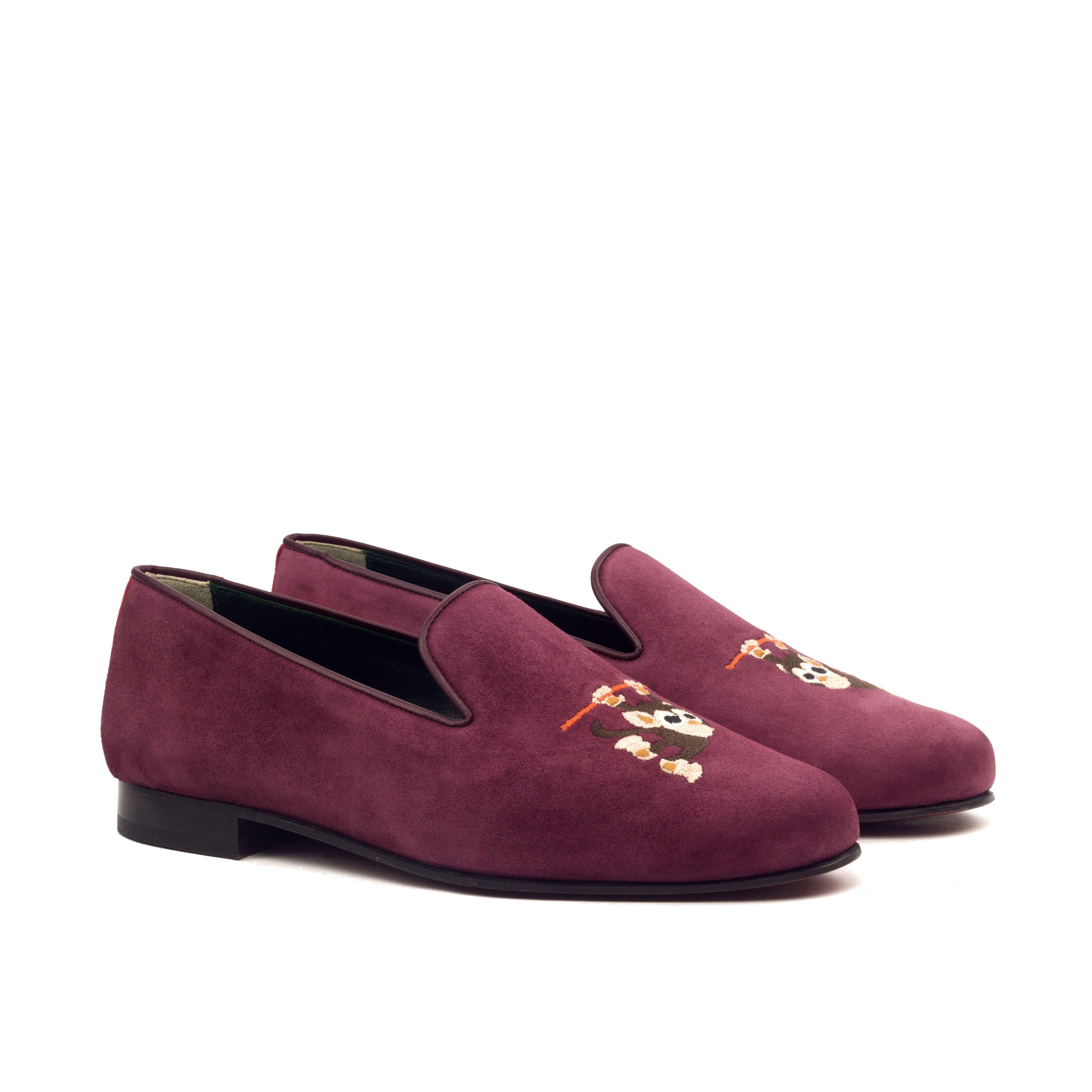 Manor of London 'Monkeying Around' Wine  Suede Leather Luxury Slip On Slippers Front Side View