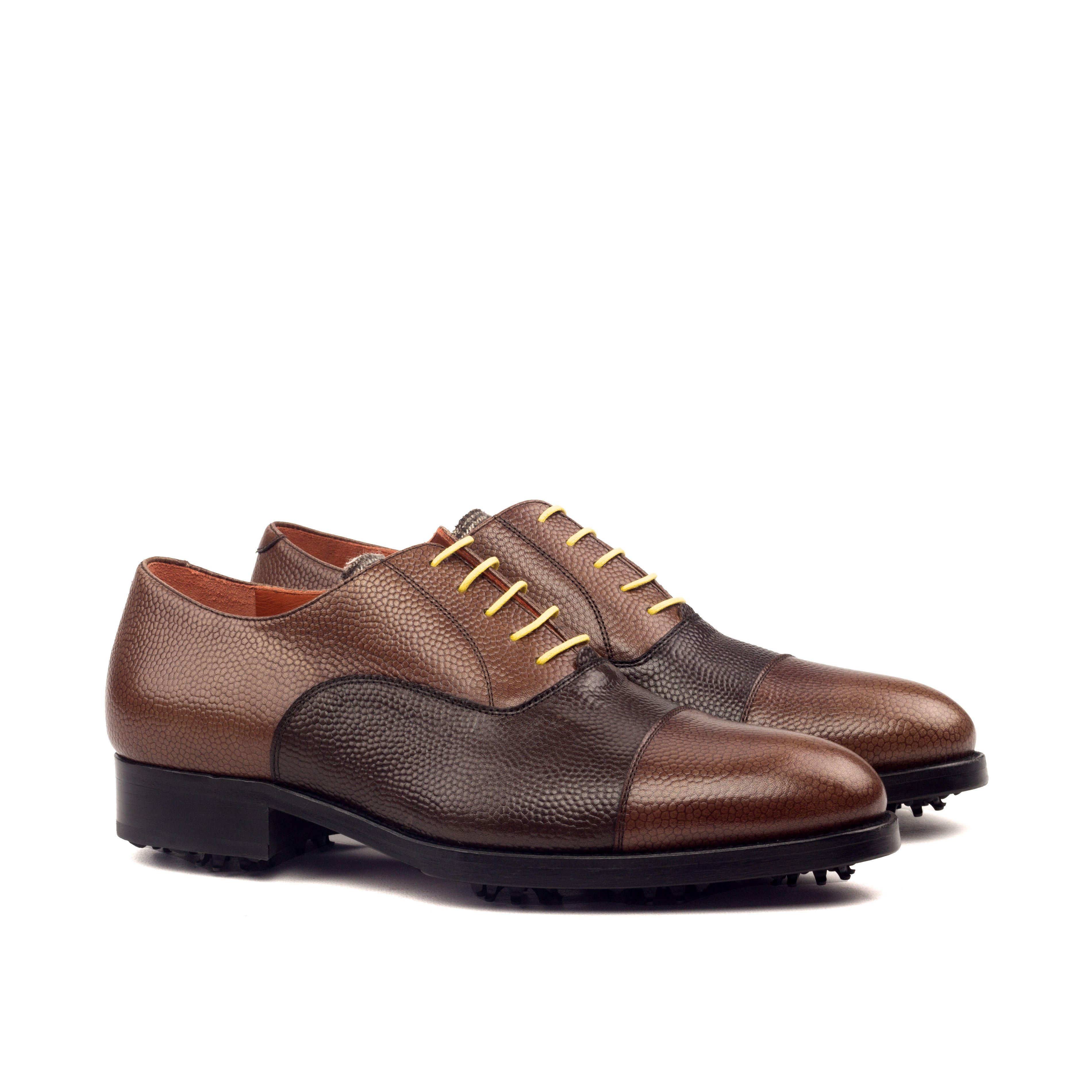 MANOR OF LONDON 'The Oxford' Two Tone Brown Pebble Grain Golfing Shoe Luxury Custom Initials Monogrammed Front Side View