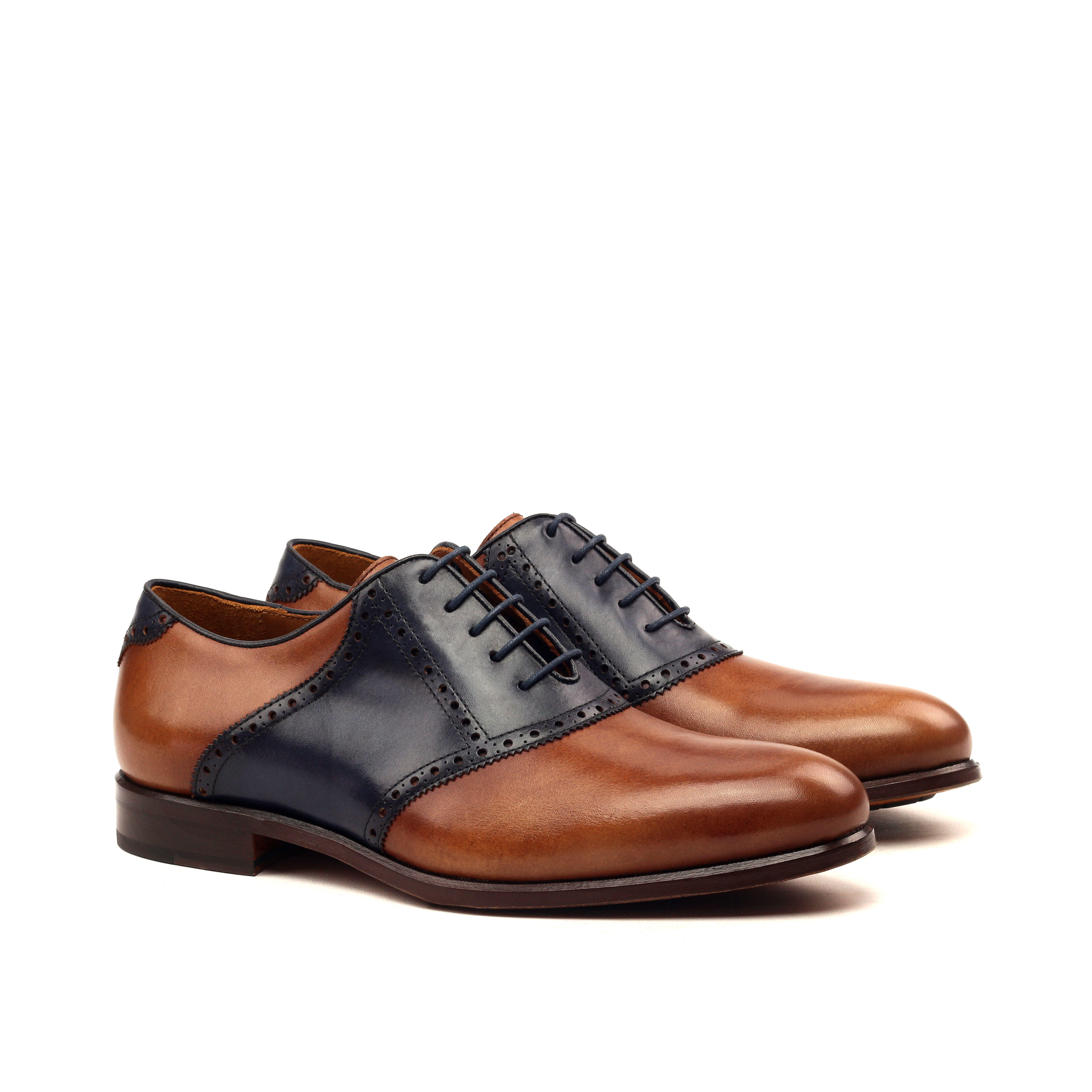 MANOR OF LONDON ''The Saddle' Navy & Brown Painted Calfskin Shoe Luxury Custom Initials Monogrammed Front Side View