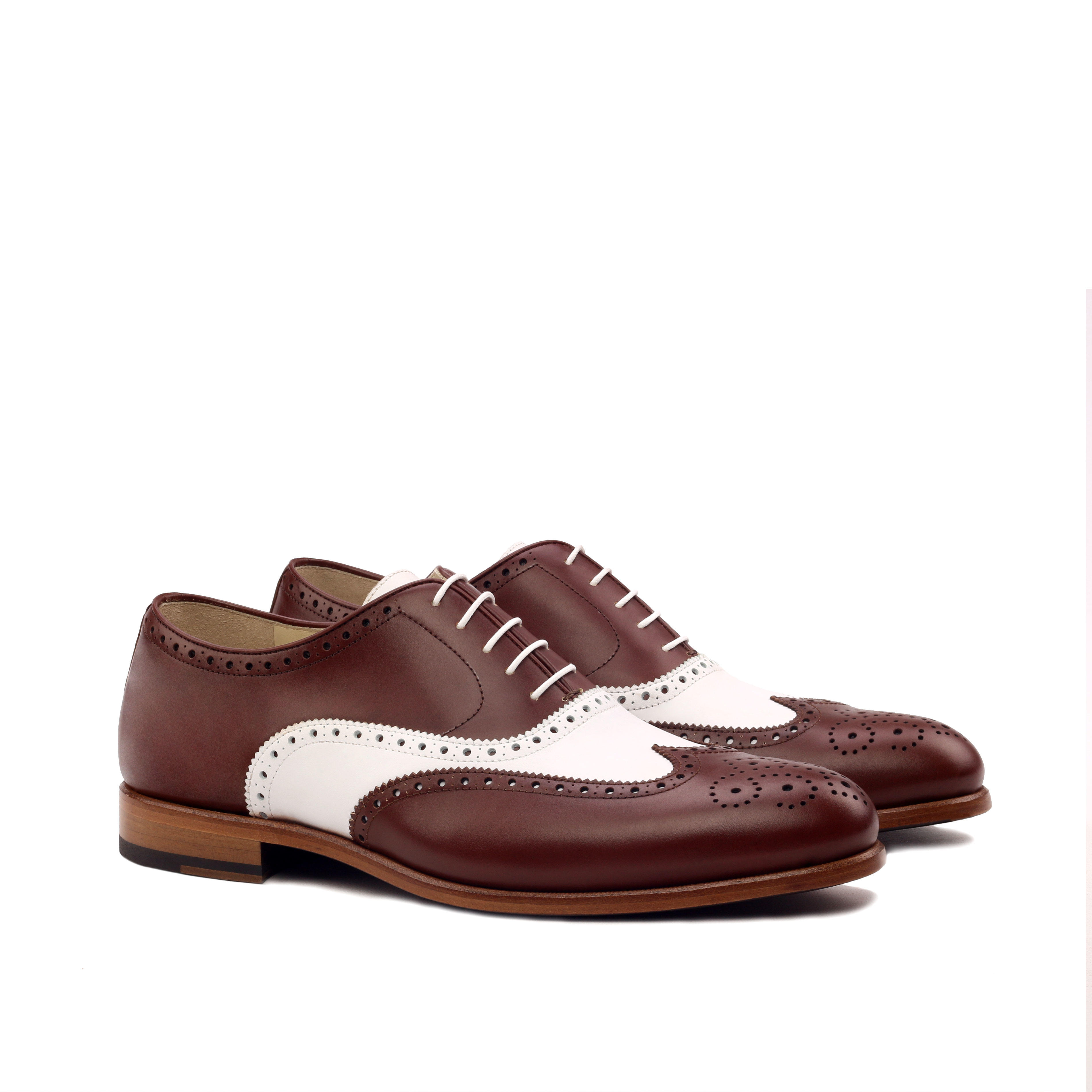 MANOR OF LONDON 'The Marylebone' Brown & White Calfskin Brogue Luxury Custom Initials Monogrammed Front Side View