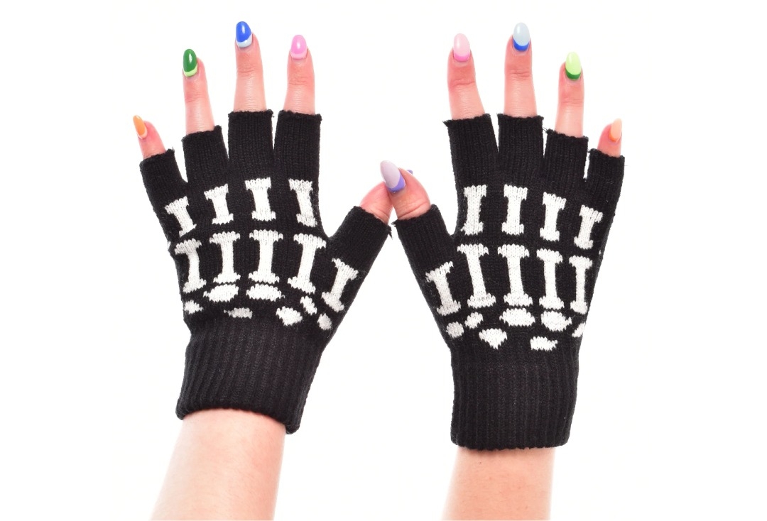 White On Black Skele Bone Short Fingerless Gloves - Main