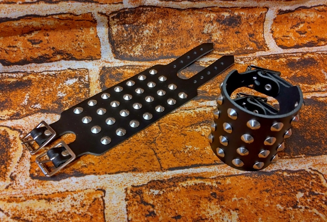 4 Row Silver Cone Black Leather Wristband
