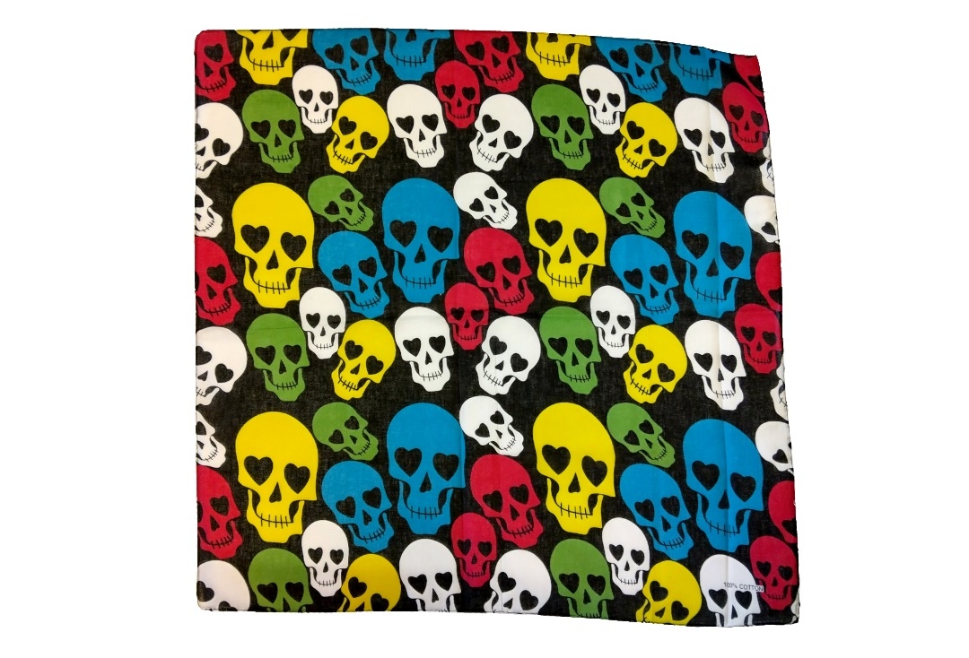 Black With Multi-Coloured Heart Eyed Skulls Cotton Bandana