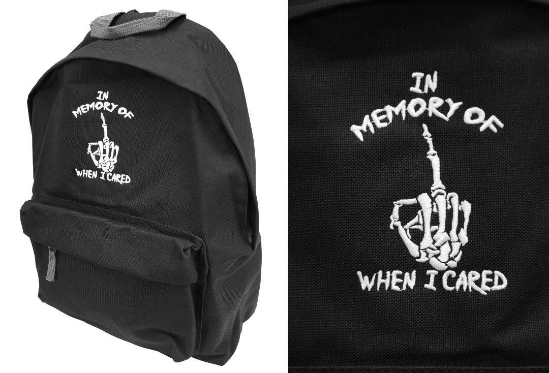 Darkside Clothing | In Memory Of When I Cared Embroidered Backpack - Front View