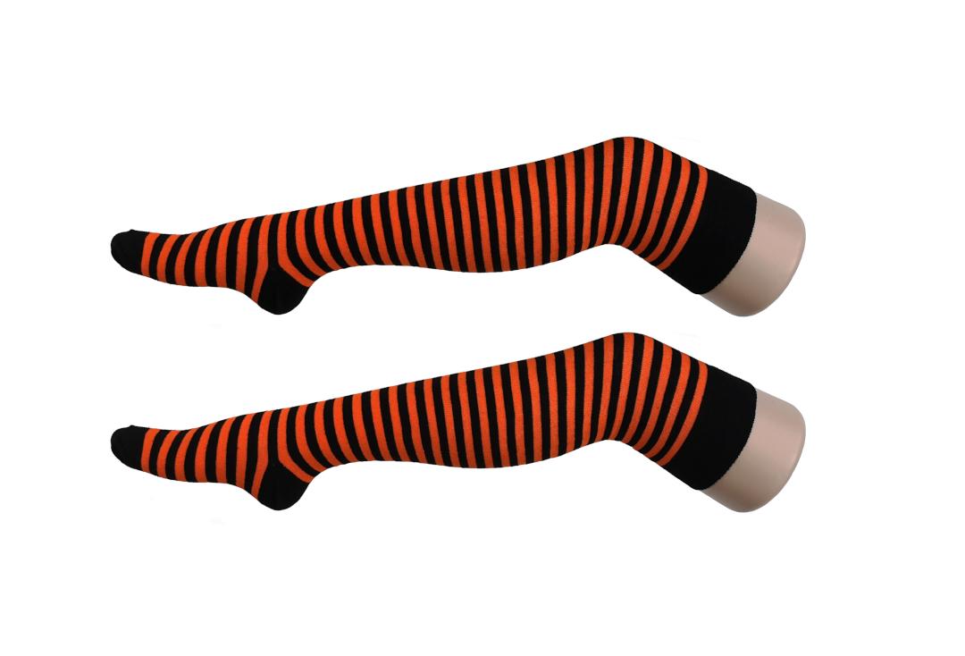 Macahel | Orange & Black Thin Stripe Over The Knee Socks