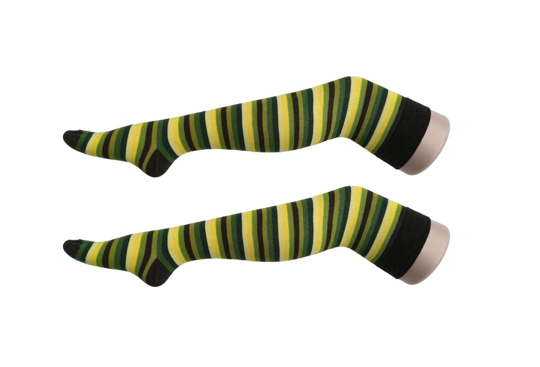 Macahel | Multi-Green Thin Stripe Over The Knee Socks