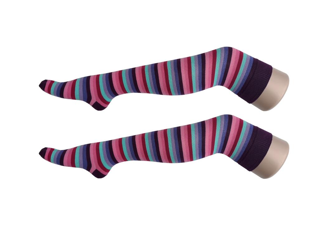 Macahel | Plum Pastel Berries Thin Stripe Over The Knee Socks